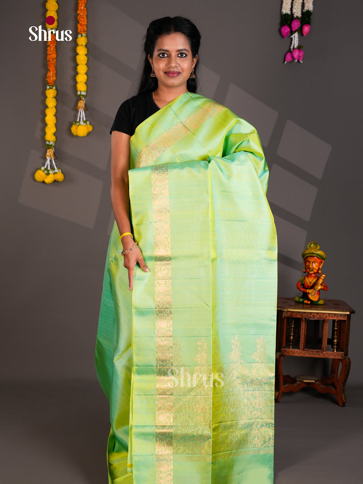 Buy Luminous Mint Green Soft Silk Saree with Horizontal Stripes, Floral Vines Woven Zari Border & Pallu