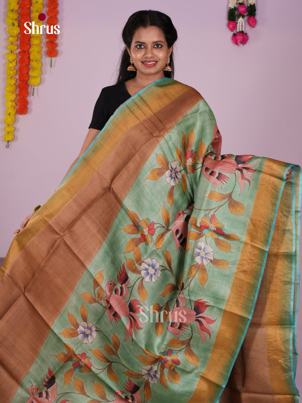 Pretty Mint Green Tussar Silk Saree With Hand Painted Blooming Florals & Charming Birds