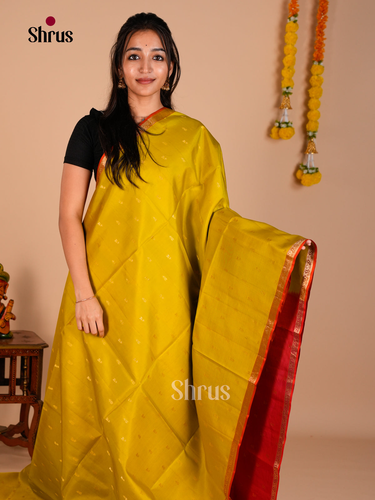 Buy Beautiful Mustard Green Pure Soft Silk Saree with Gold Buttas & Orangish Pink Brocade Pallu