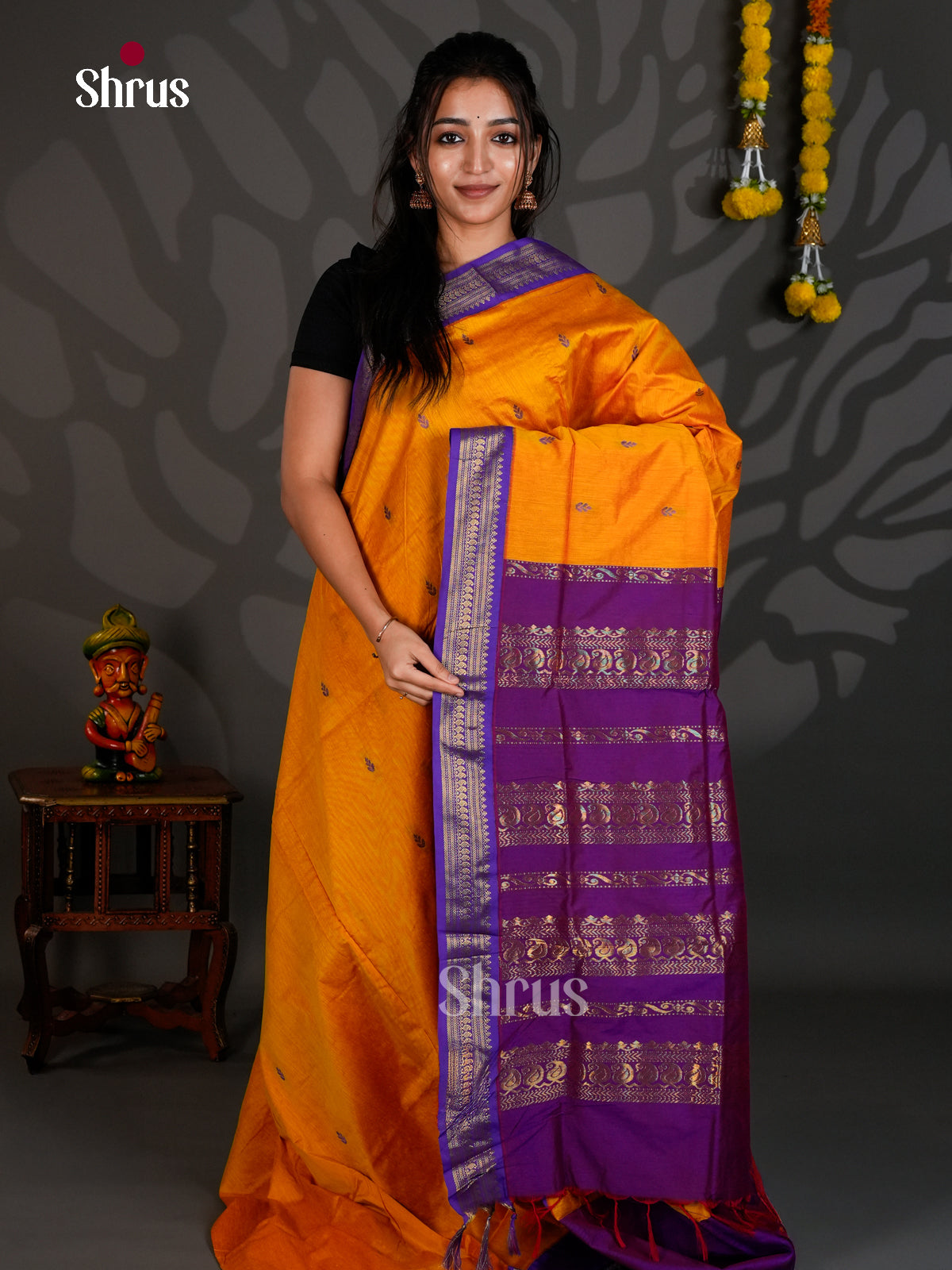Charming Mustard Kalyani Cotton Saree With Thread Woven Buttas & Violet Zari Border