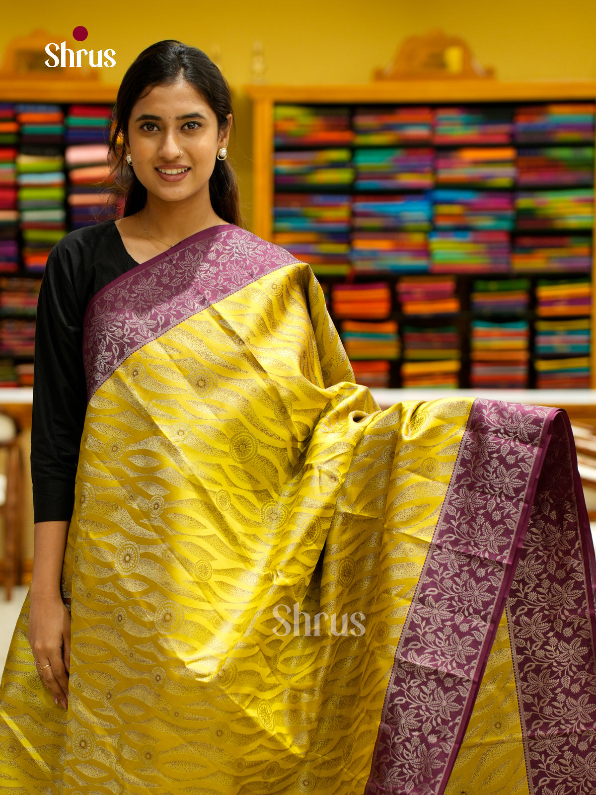 Buy Ethereal Mustard Kanchipuram Silk Saree with Wavy Patterns & Purple Border With Floral Vines