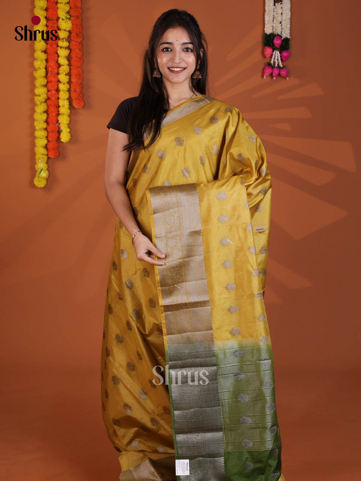 Buy Stunning Mustard North Silk Cotton Saree With Golden Buttas, Green Border & Pallu