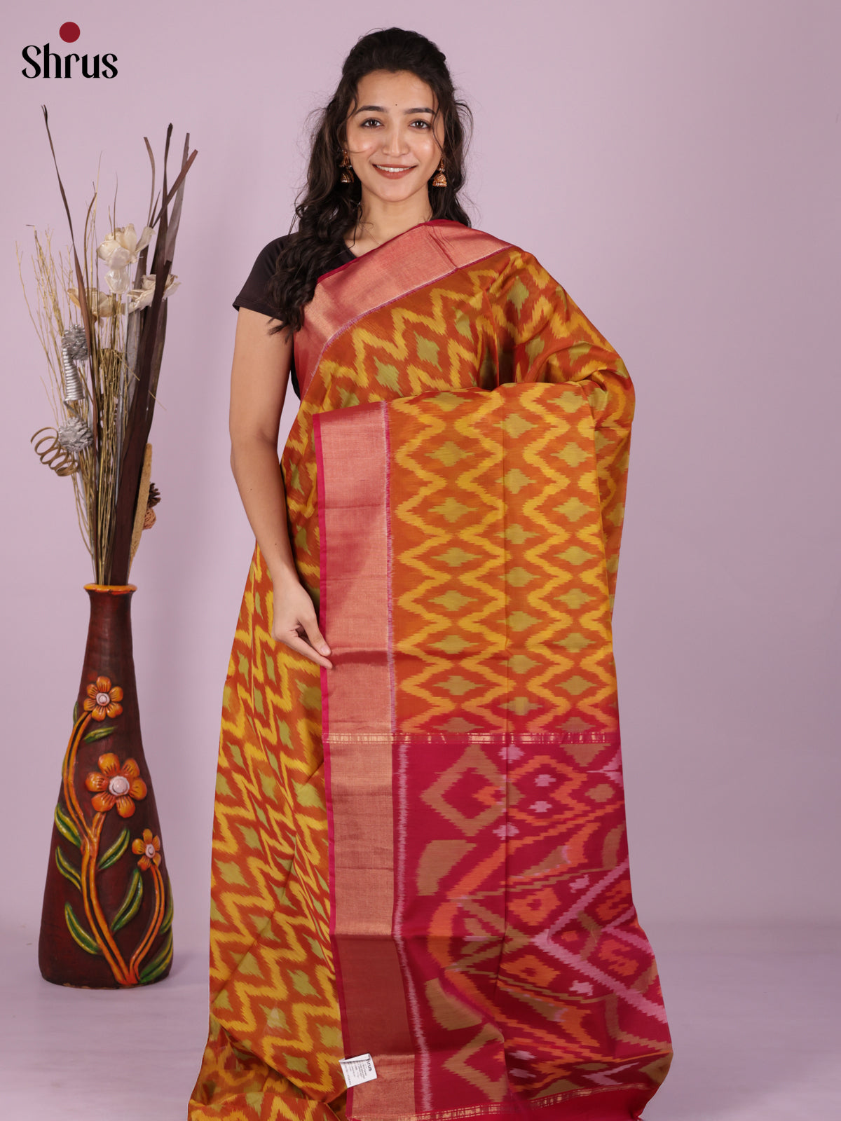 Buy Elegant Mustard Pochampally Silk Cotton Saree With Chevron Ikat Motifs, Red Border & Pallu
