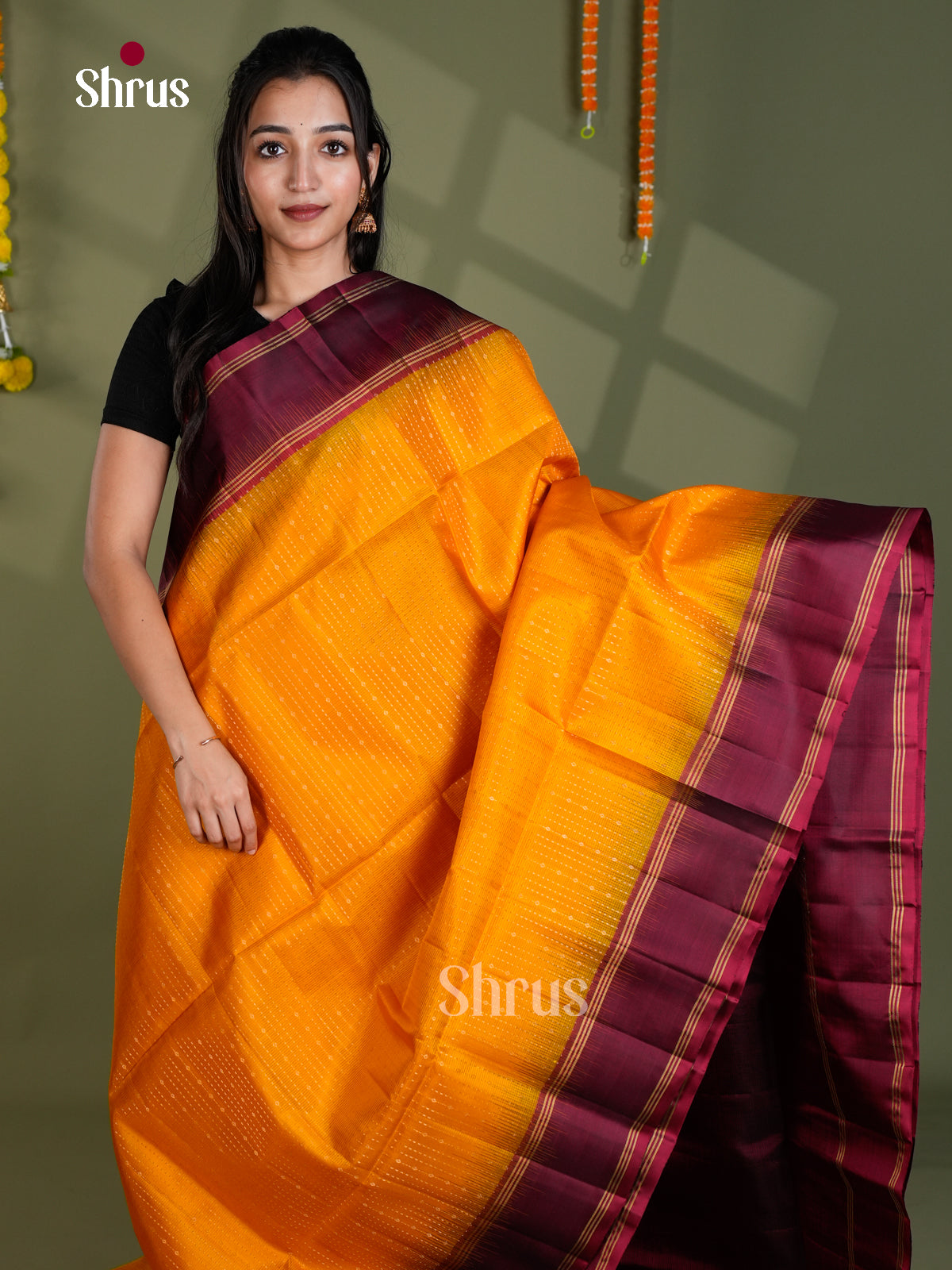 Buy Radiant Mustard Pure Silk Saree With Linear Zari Dotted Pattern & Maroon Rettaipet Border