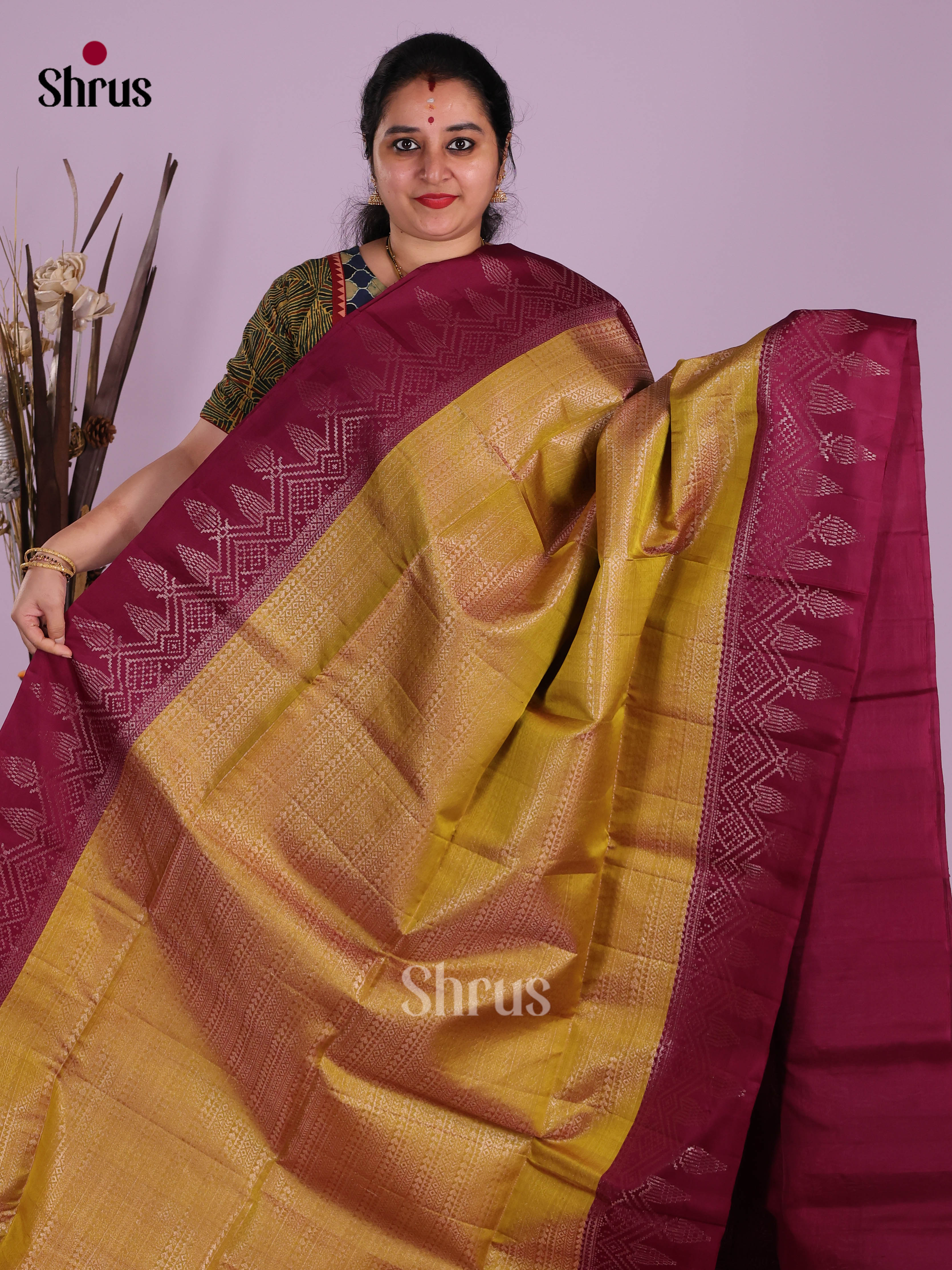 Buy Breathtaking Mustard Pure Soft Silk Saree With Self Textured Patterns, Deep Magenta Border & Pallu