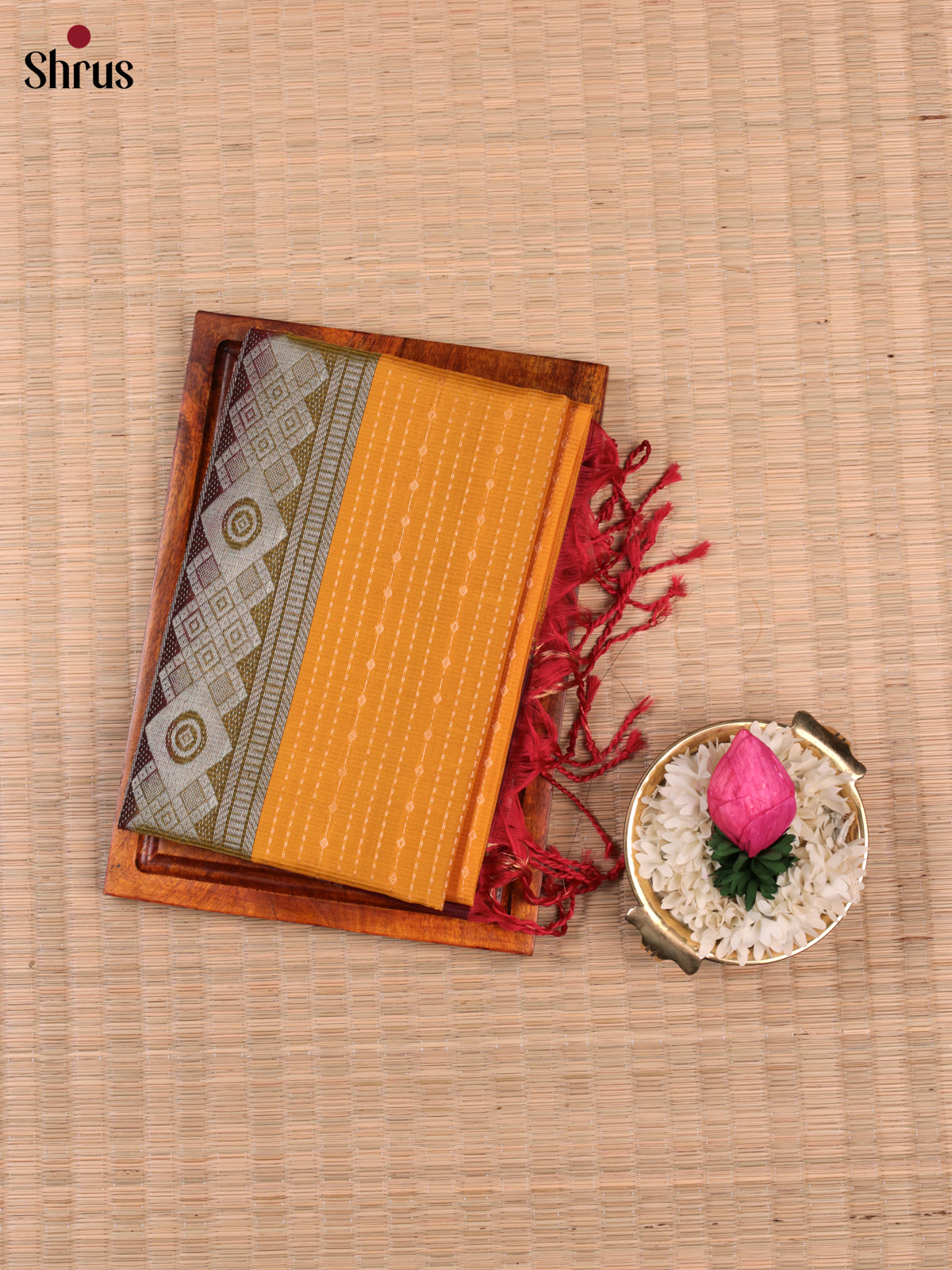 Buy Radiant Mustard Soft Silk Saree With Linear Zari Dotted Pattern & Maroon Rettaipet Border