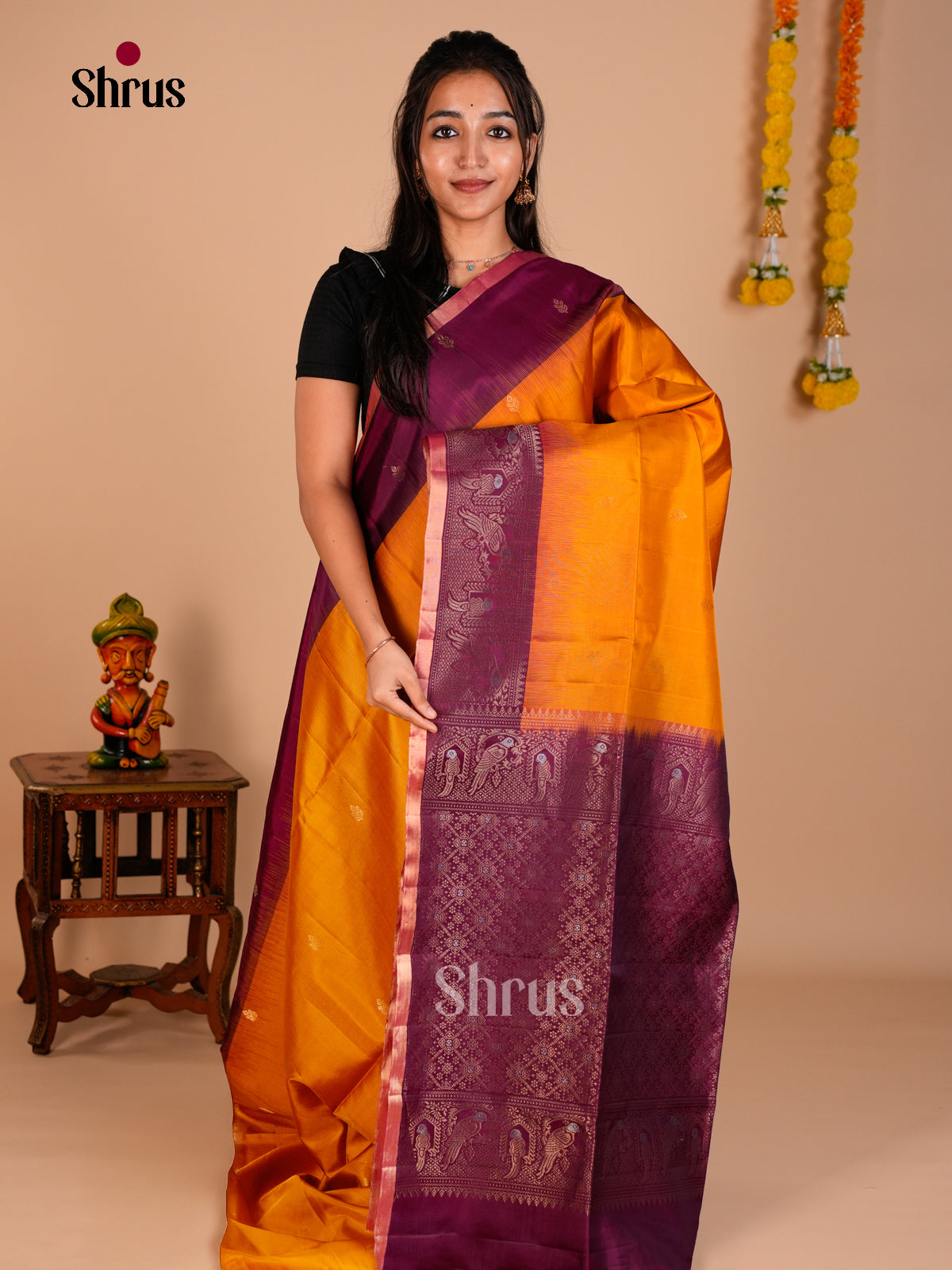 Buy Luxurious Mustard Soft Silk Saree with Gold Floral Buttas & Purple Zari Woven Border & Pallu