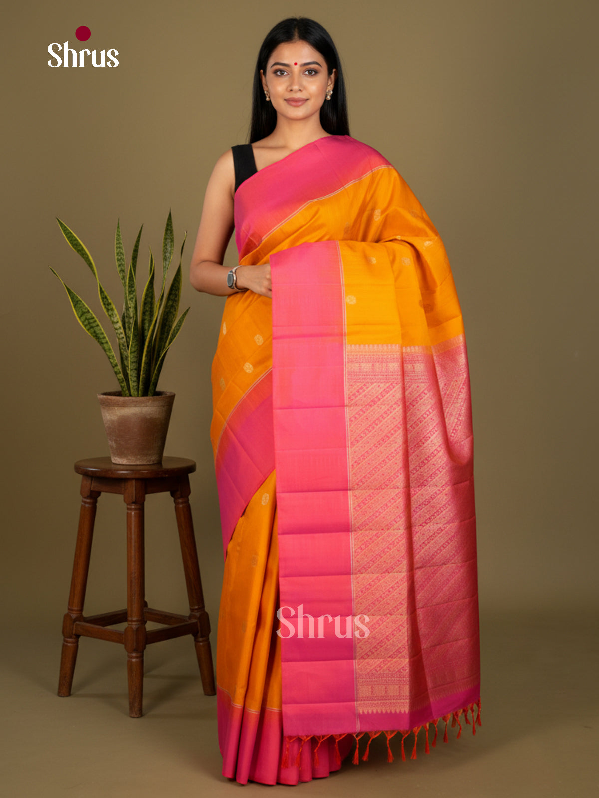 Buy Bright Mustard Soft Silk Saree with Golden Buttas, Orangish Pink Border & Brocade Pallu
