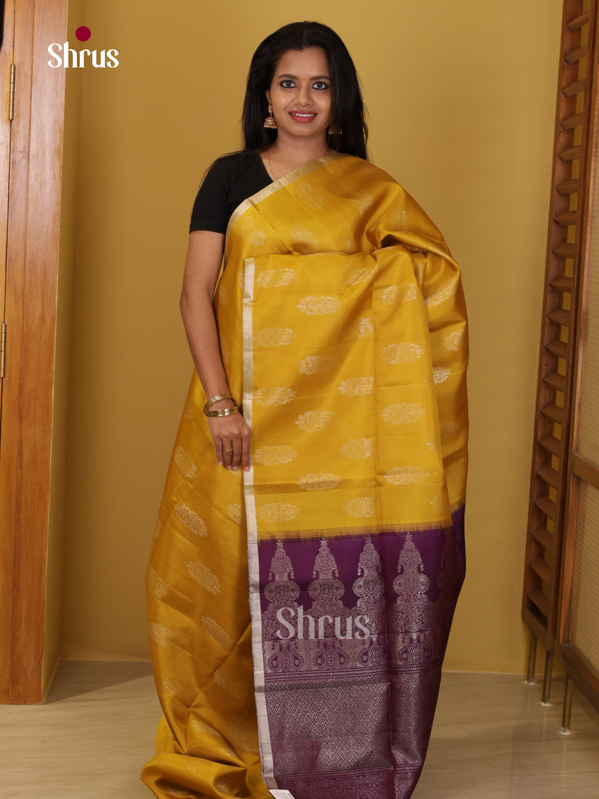 Buy Lustrous Mustard Soft Silk Saree with Paisley Floral Motifs, Zari Border & Wine Brocade Pallu