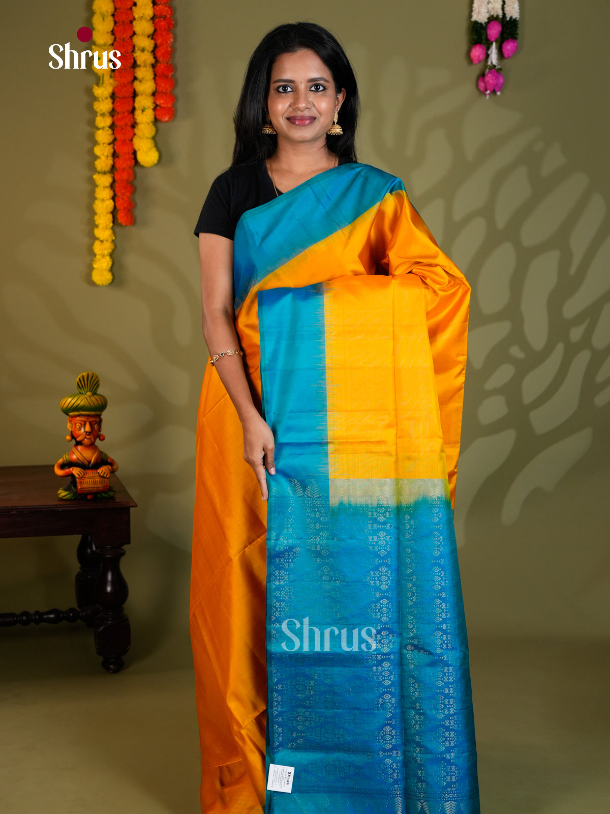 Buy Luminous Mustard Soft Silk Saree with Plain Body & Ramar Blue Zari Brocade Pallu