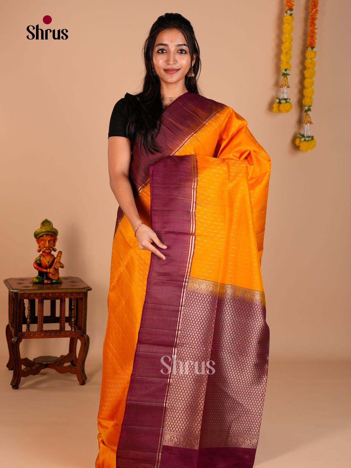 Buy Lustrous Mustard Soft Silk Saree with Stripes Buttas & Striped Maroon Zari Border