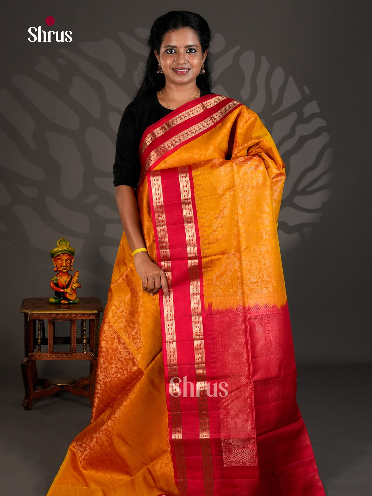 Buy Lustrous Mustard Soft Silk Saree with Vanashigaram Floral Brocade & Red Rettaipet Zari Border