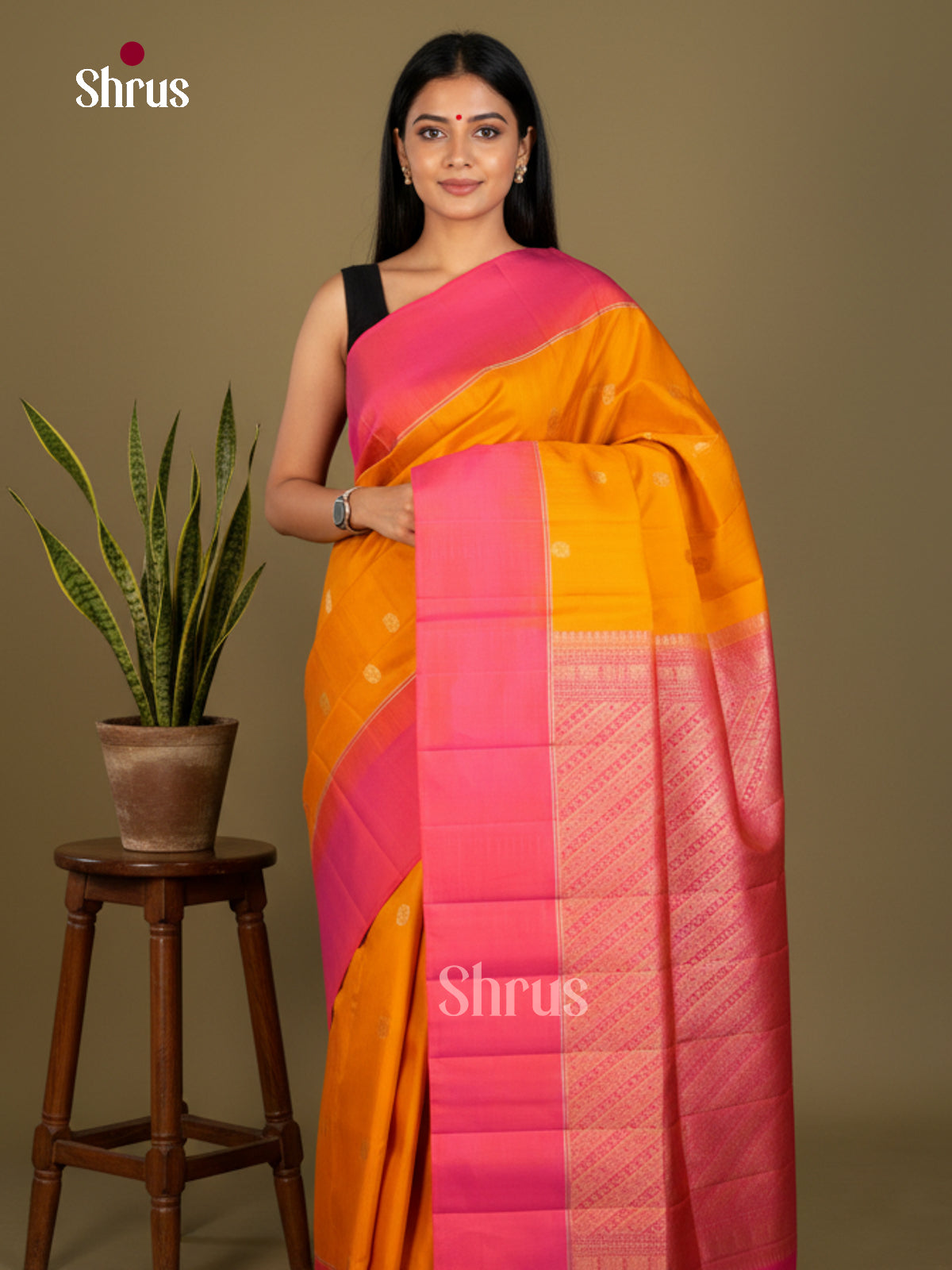 Buy Bright Mustard Soft Silk Sarees with Golden Buttas, Orangish Pink Border & Brocade Pallu