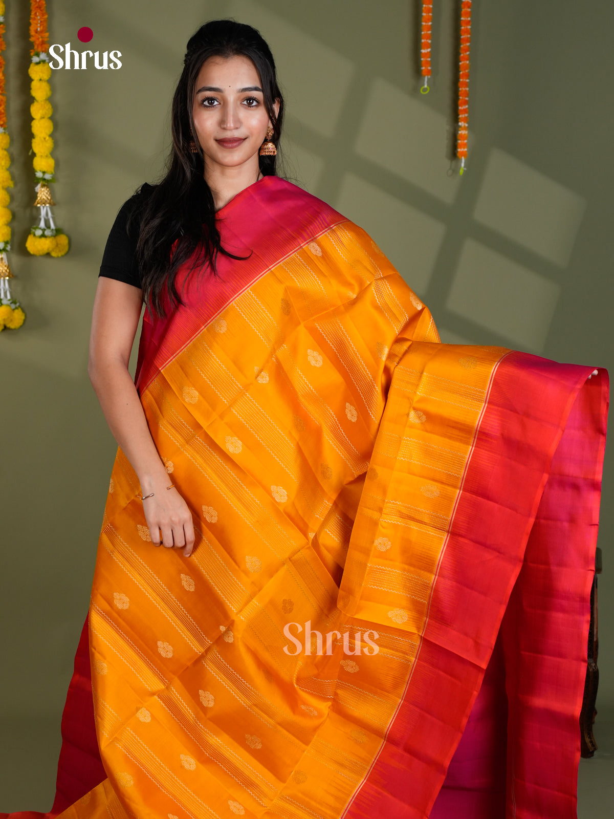 Buy Luminous Mustard Yellow Pure Silk Saree With Zari Stripes Patterns, Buttas & Pink Brocade Pallu