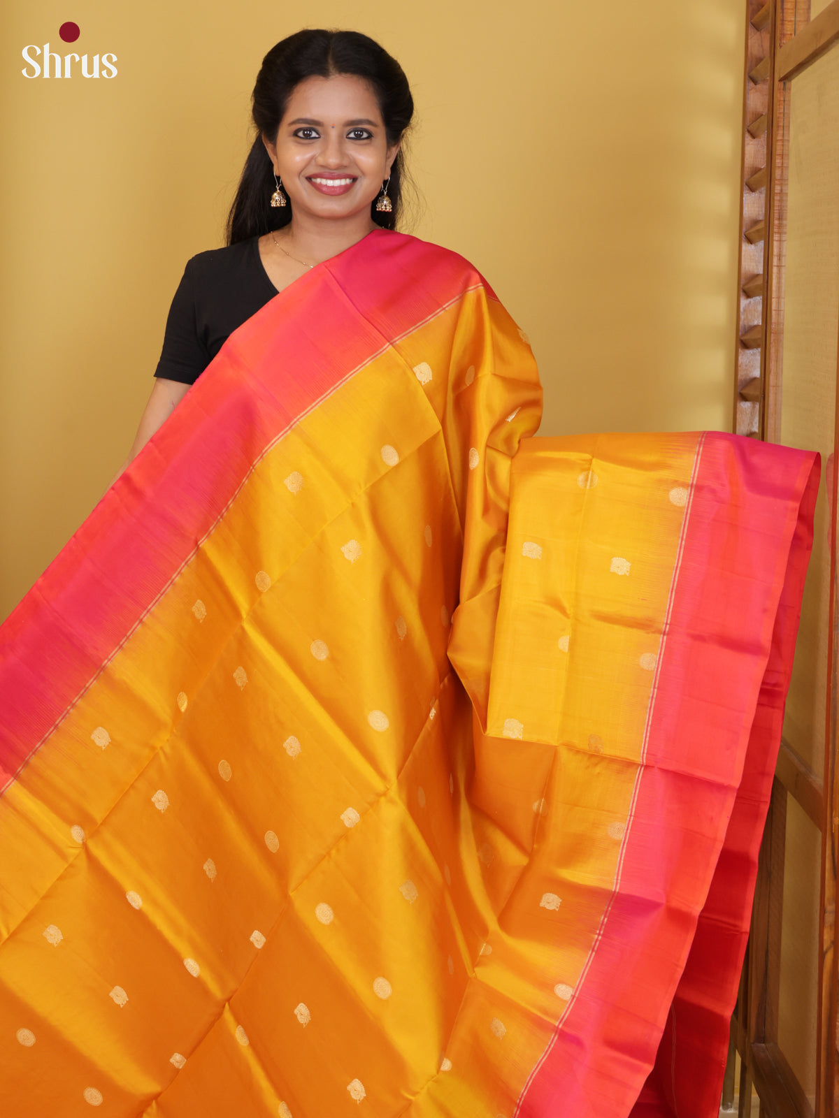 Buy Exquisite Mustard Yellow Pure Soft Silk Saree with Zari Peacock, Floral Buttas & Orangish Pink Pallu