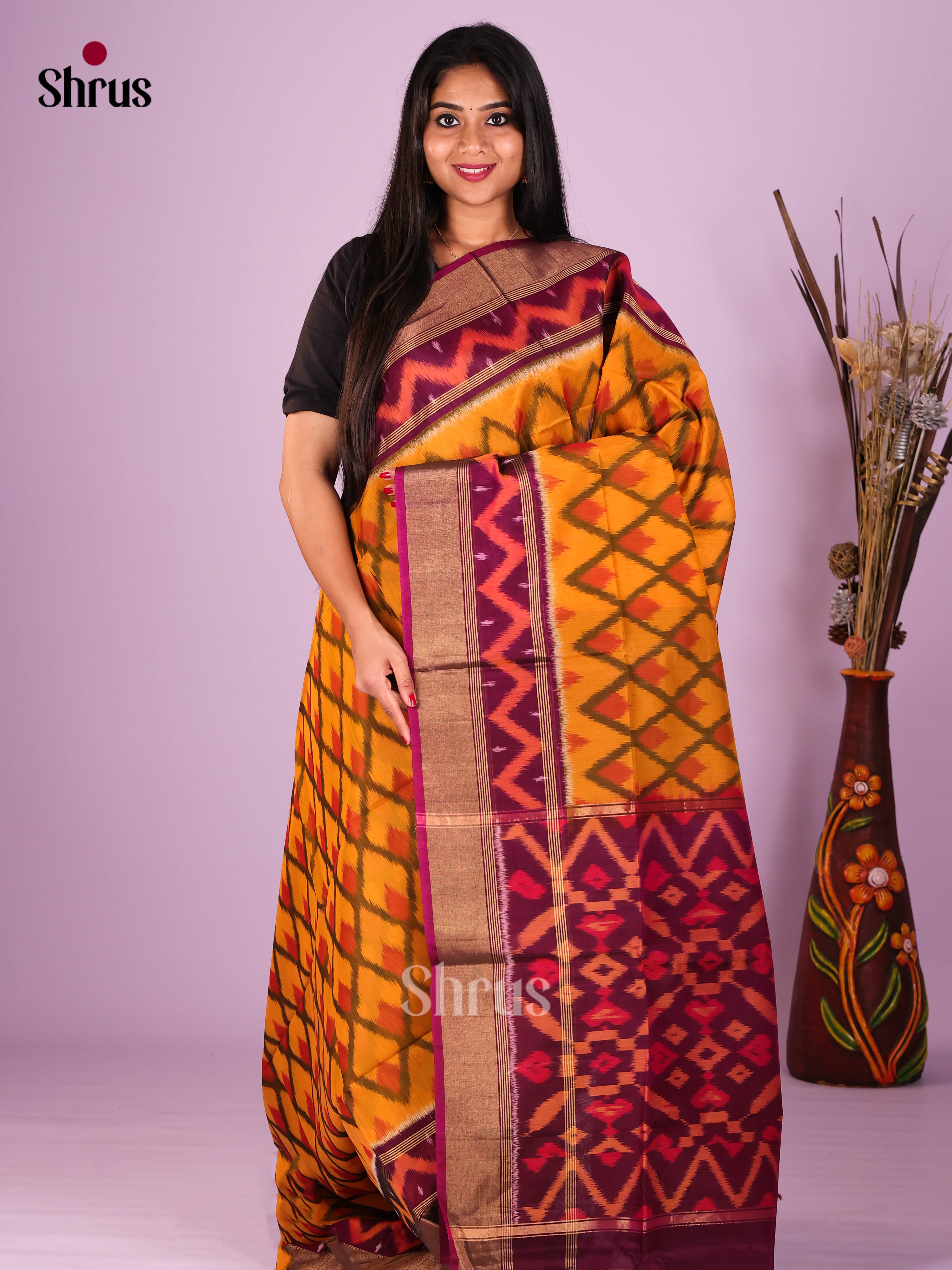 Buy Luminous Mustard Yellow Silk Cotton Saree With Diamond Ikat Motifs, Plum Border & Pallu
