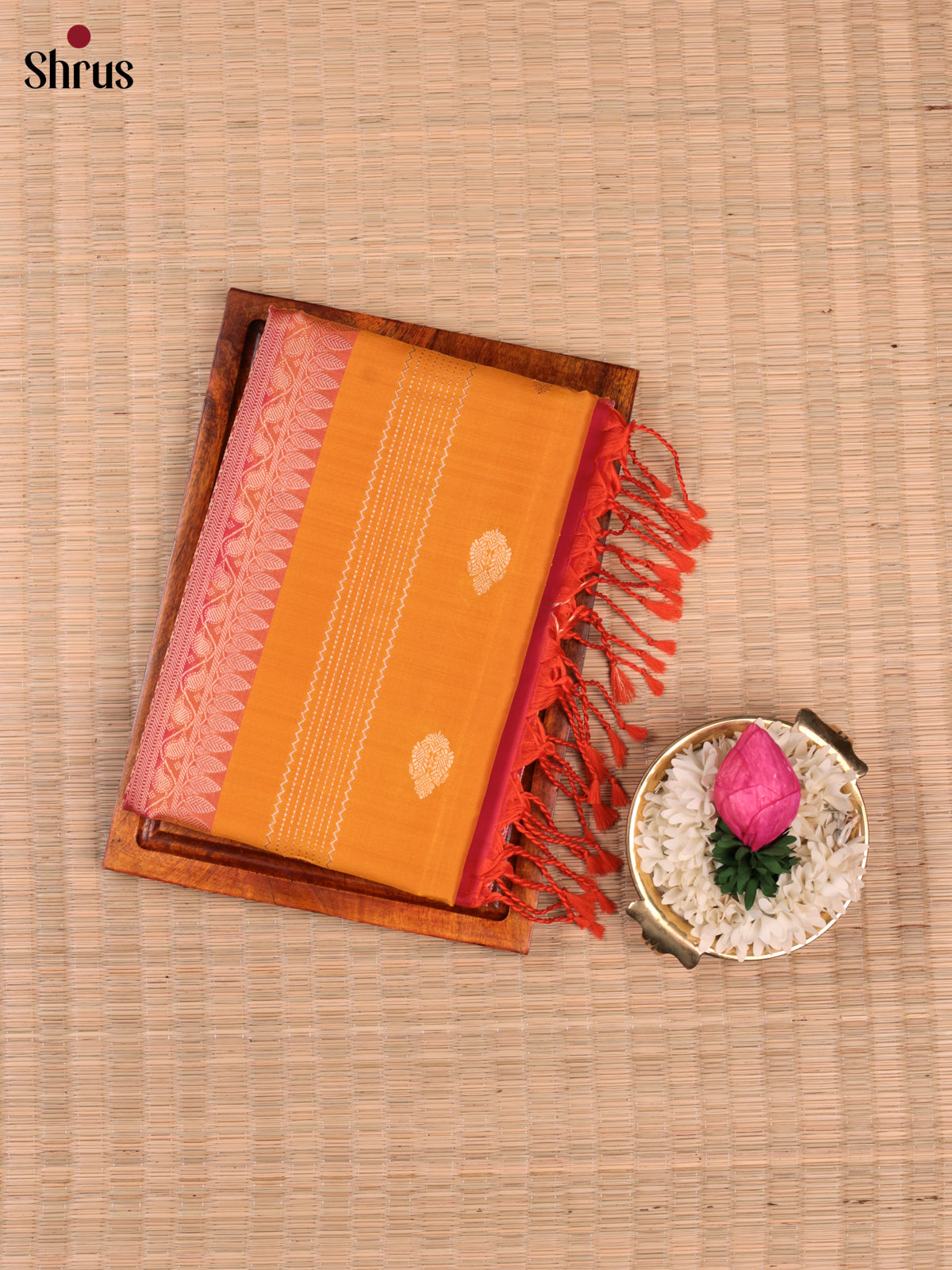 Buy Luminous Mustard Yellow Soft Silk Saree With Zari Stripes Patterns, Buttas & Pink Brocade Pallu