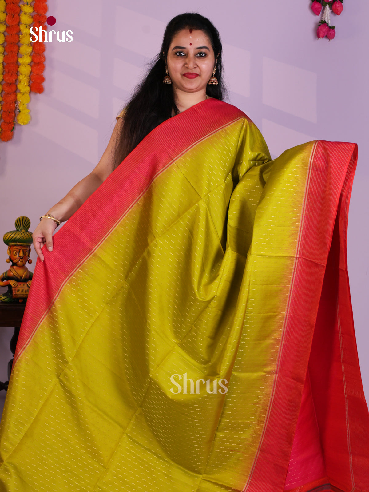 Buy Regal Mustardy Green Pure Soft Silk Saree with Stripes Butta & Orange Zari Brocade Pallu