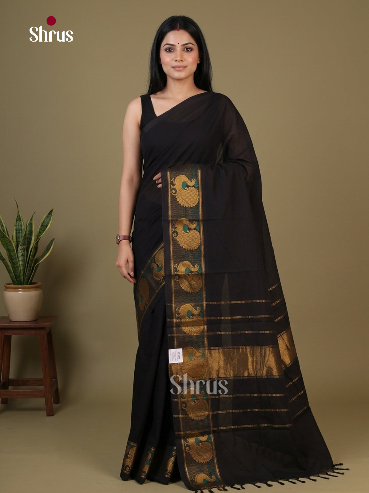Mystique Black Chettinad Cotton Saree With Plain Body, Temple Zari Border & Chit Pallu
