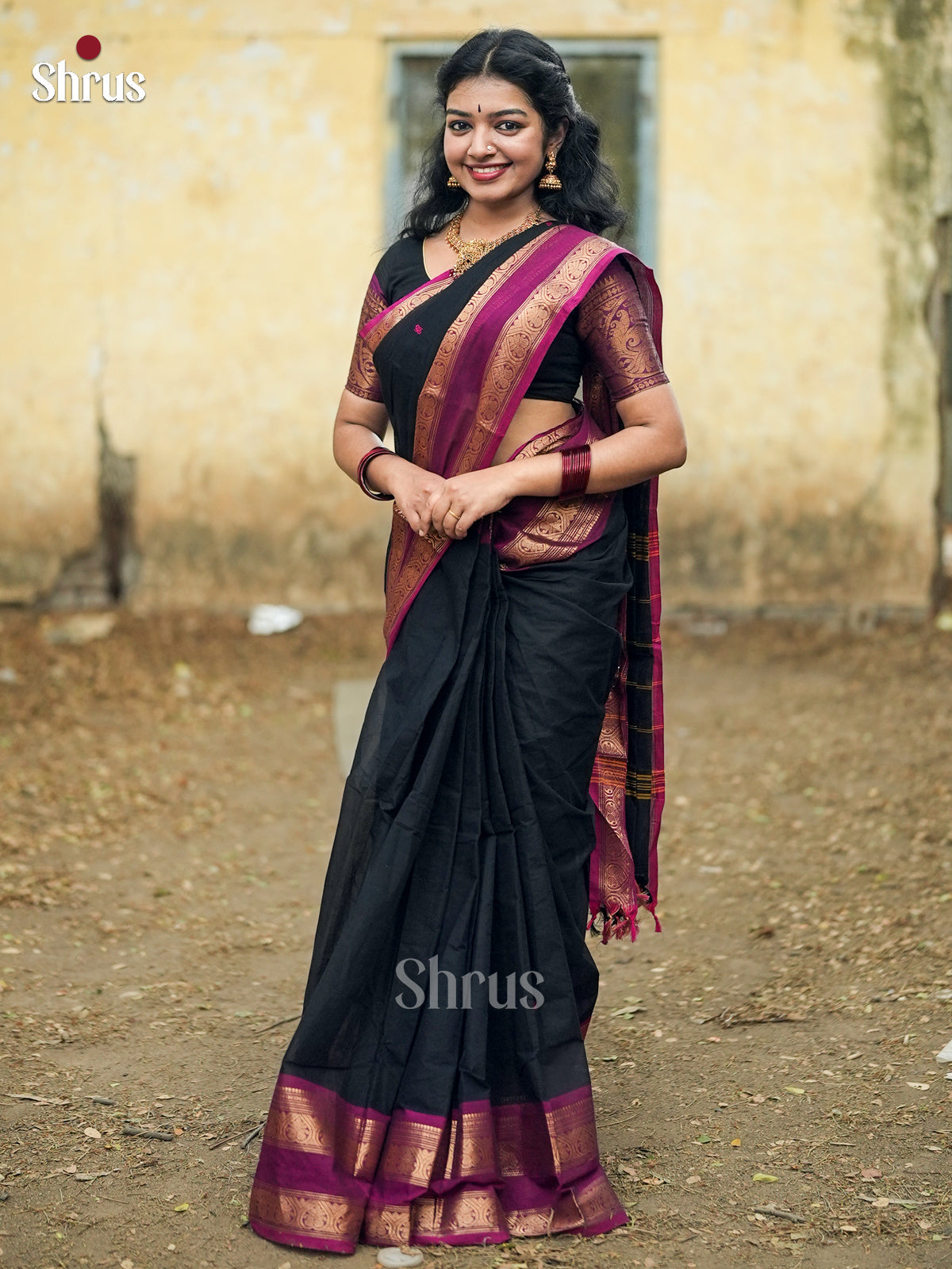 Mystique Black Chettinad Cotton Saree With Thread Buttas & Purple Rettapet Zari Border