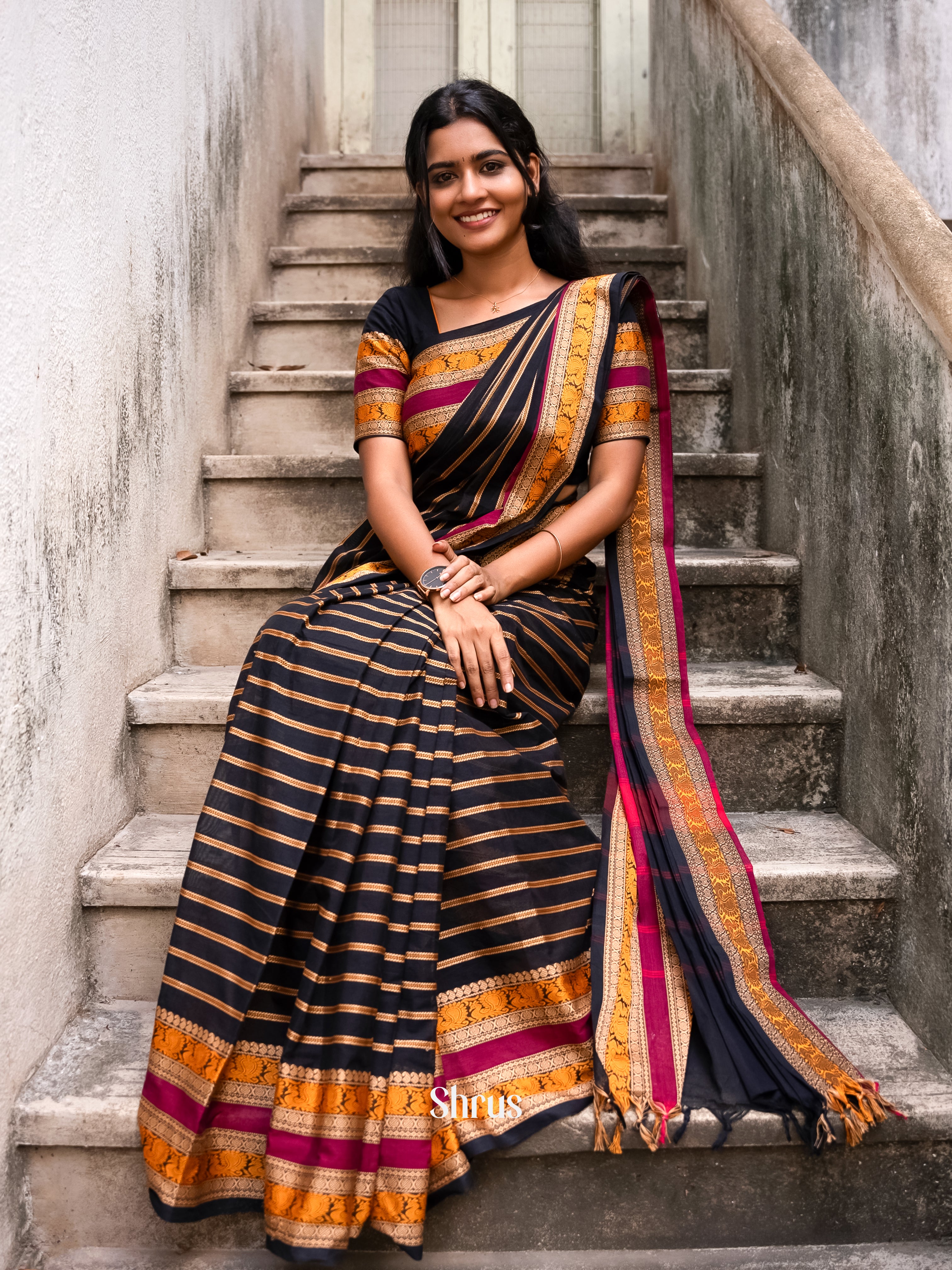 Mystique Black Chettinad Cotton Sarees With Stripes & Thread Woven Peacock Buttas