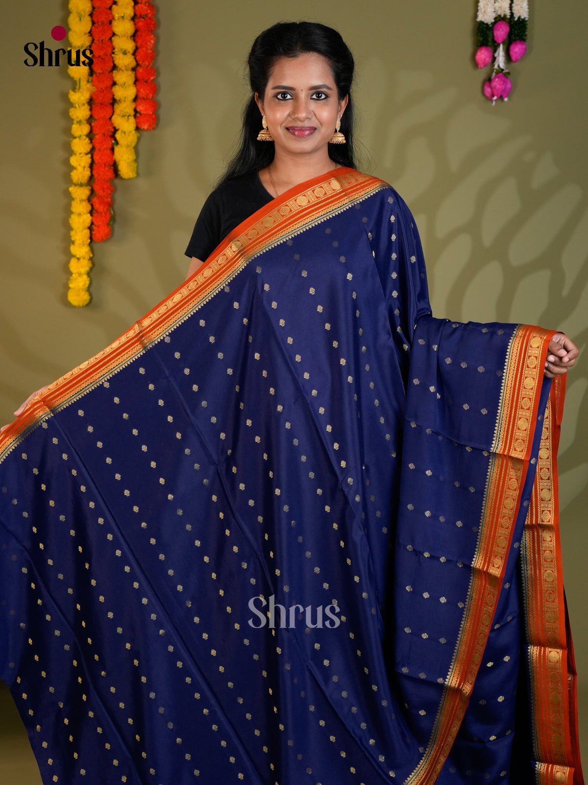 Buy Vibrant Navy Blue Mysore Silk Sarees with Gold Buttas, Orange Zari Border & Striped Pallu