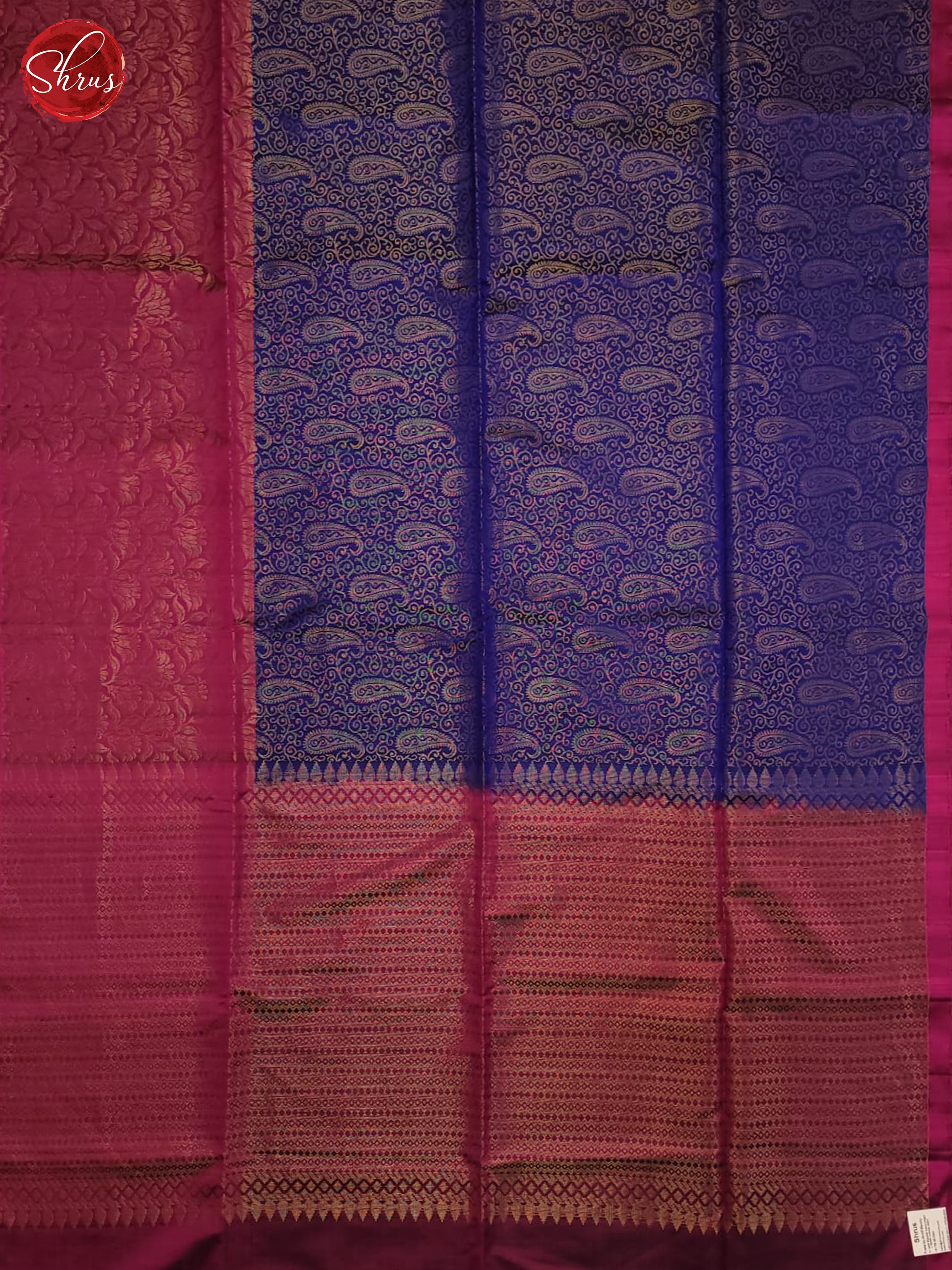 Buy Shimmery Navy Blue Pure Soft Silk Saree With Gold Zari Paisley Manga Motifs, Deep Pink Border & Pallu
