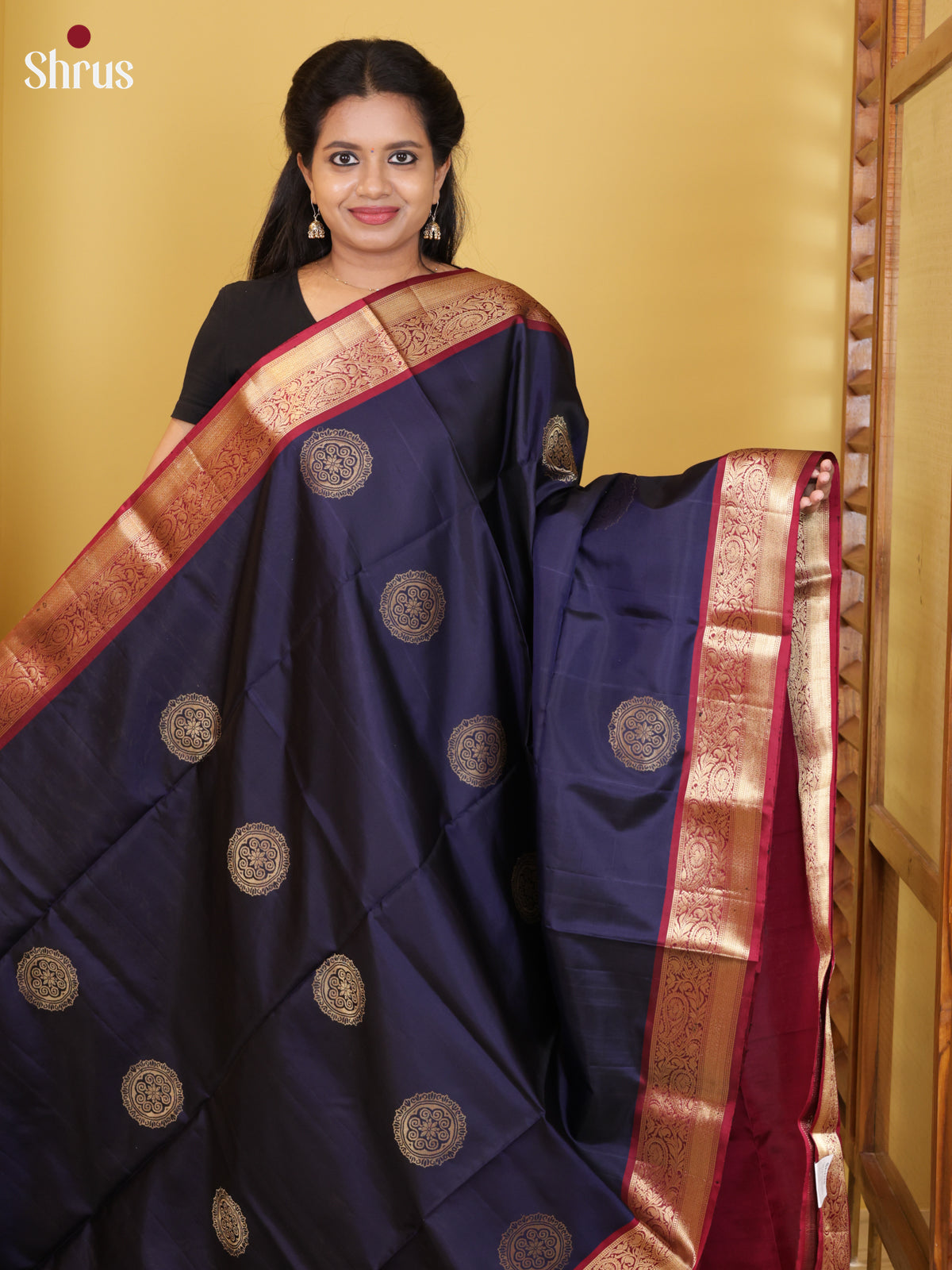 Buy Exquisite Navy Blue Pure Soft Silk Saree With Golden Mandala Motifs & Red Zari Woven Border & Pallu
