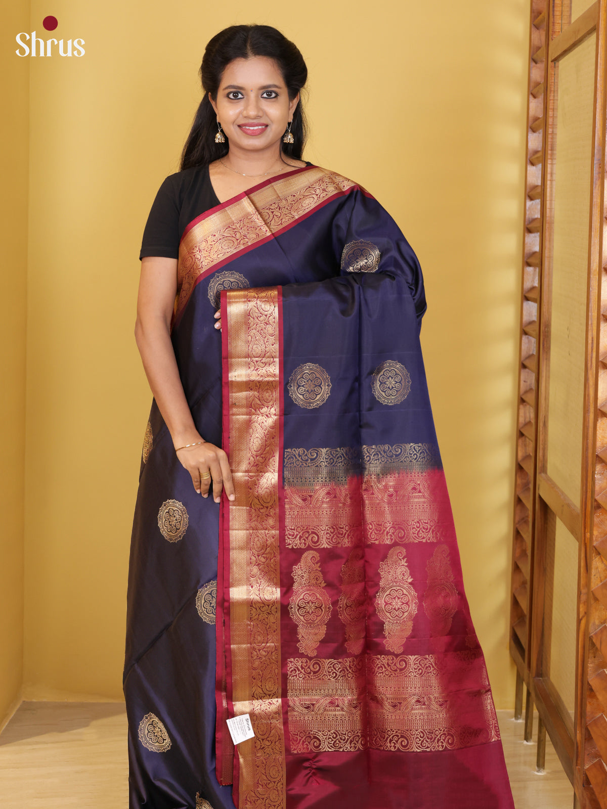 Buy Exquisite Navy Blue Soft Silk Saree With Golden Mandala Motifs & Red Zari Woven Border & Pallu