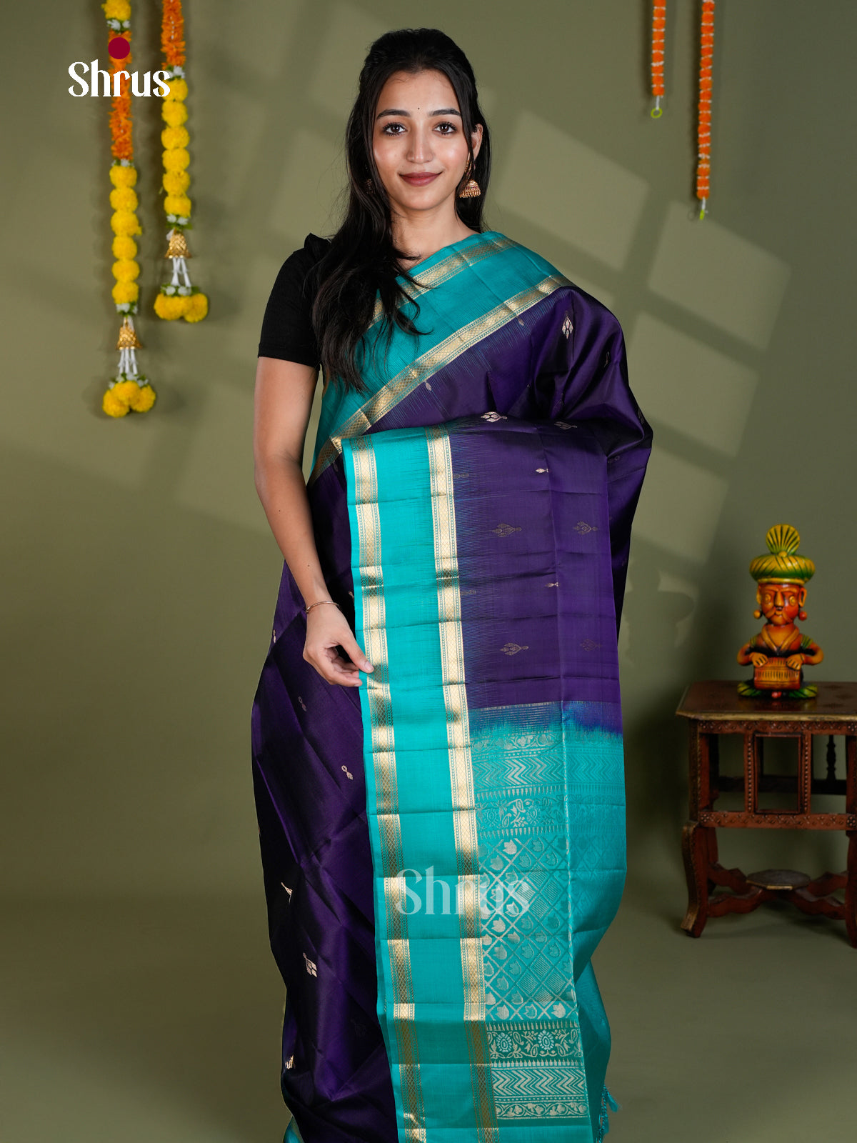 Buy Classic Navy Blue Soft Silk Saree With Small Buttas, Teal Blue Rettaipet Border & Brocade Pallu
