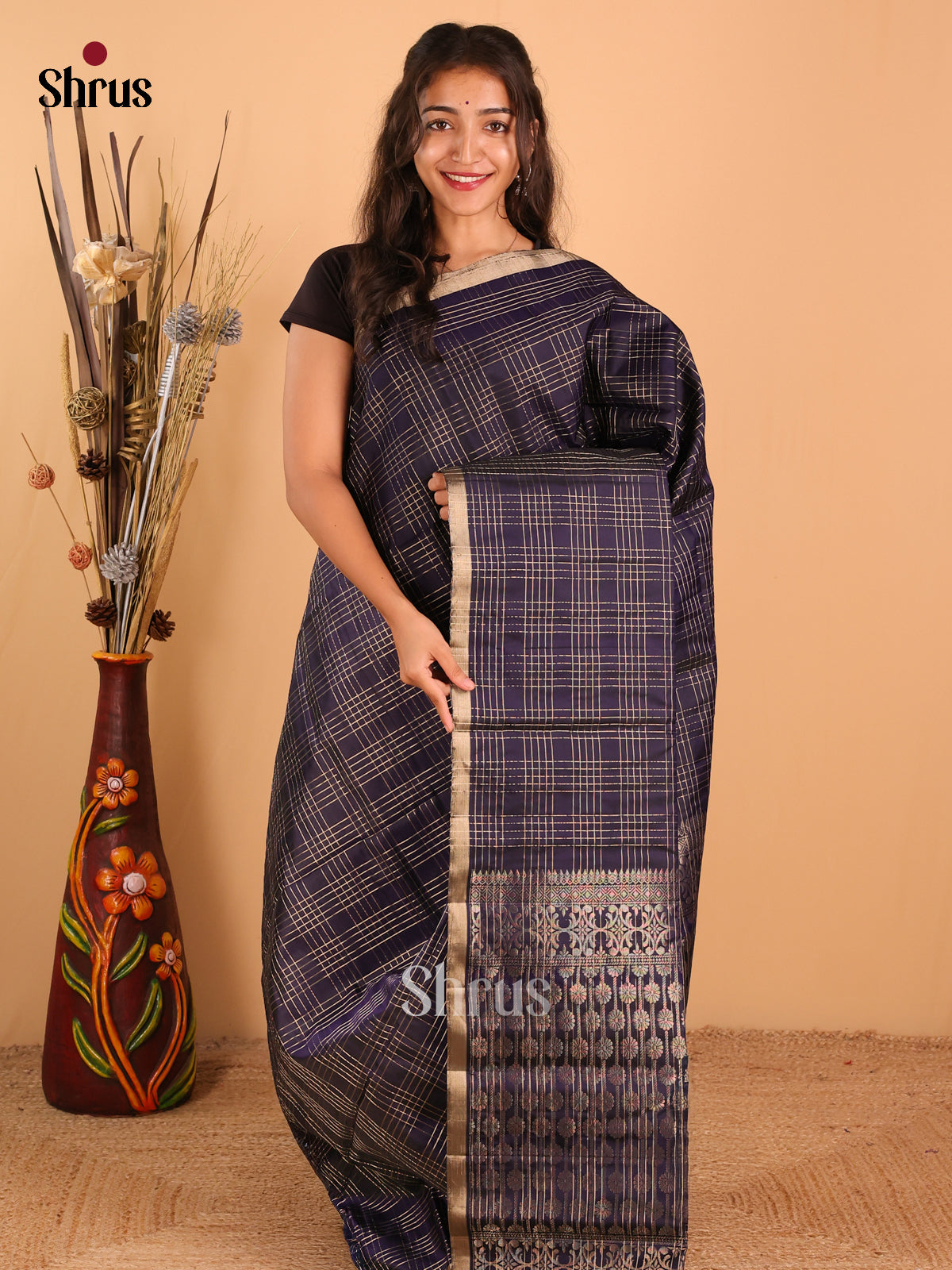 Classy Navy Blue Soft Silk Saree With Zari Woven Checks, Small Kaddi Zari Border & Brocade Pallu