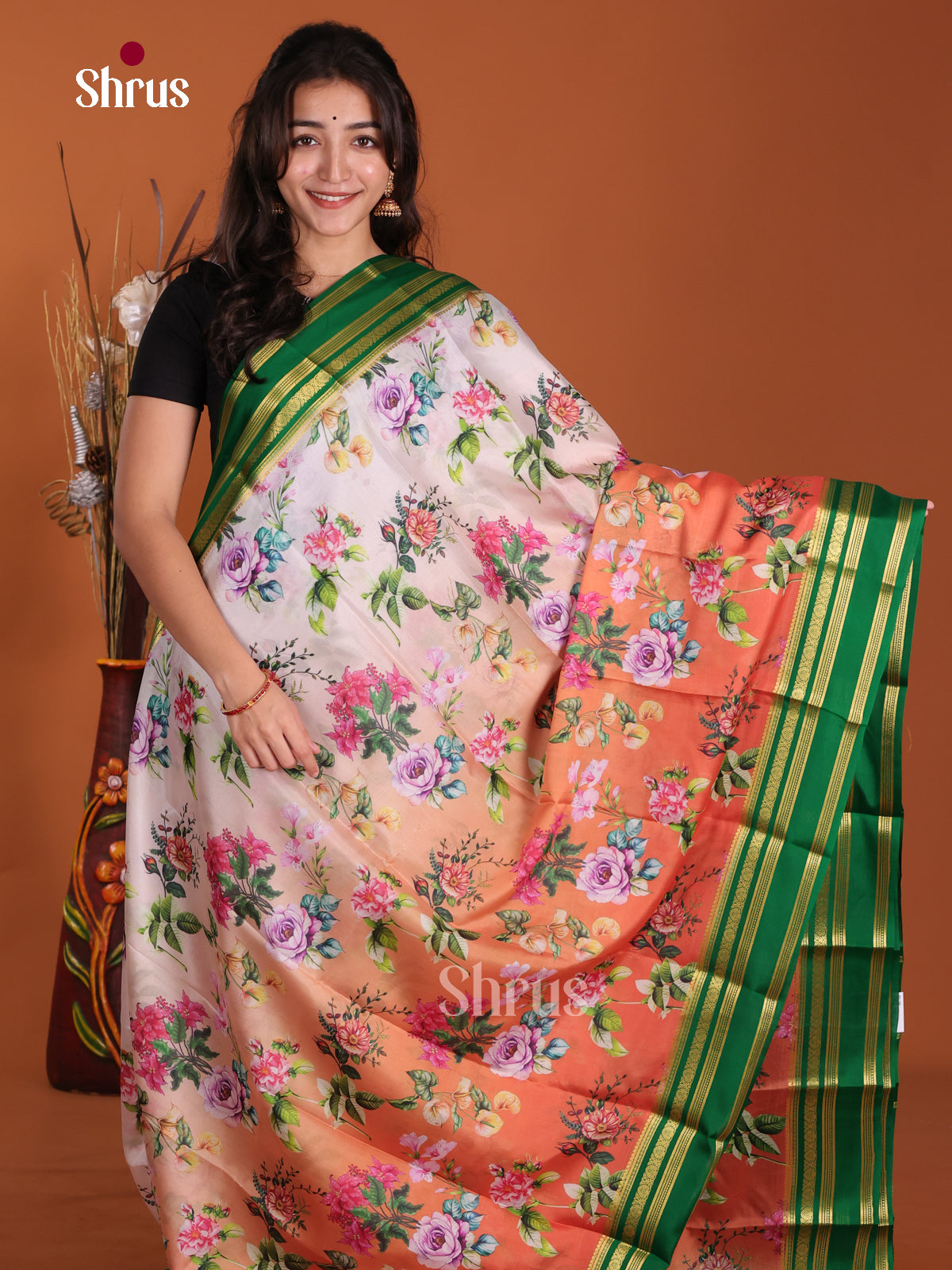 Buy Elegant Off White Mysore Crepe Silk Saree with Floral Prints, Green Rettaipet Zari Border & Chit Pallu