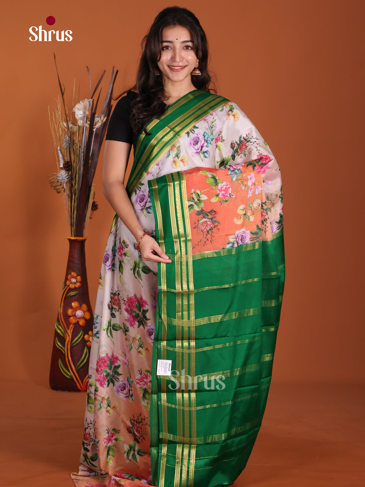 Buy Elegant Off White Mysore Silk Saree with Floral Prints, Green Rettaipet Zari Border & Chit Pallu