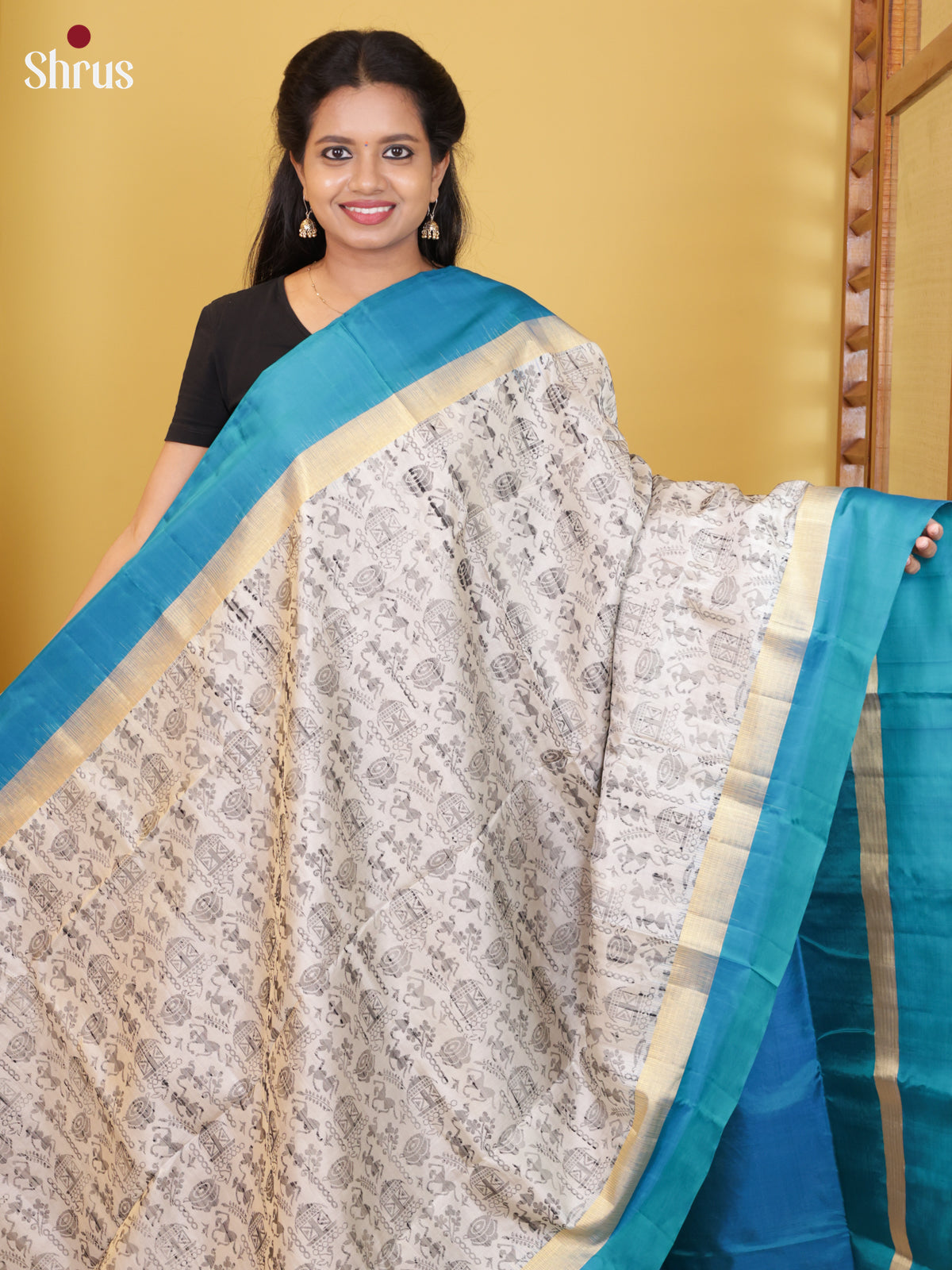 Buy Contemporary Off White Pure Soft Silk Saree With Warli Inspired Prints, Blue Border & Brocade Pallu
