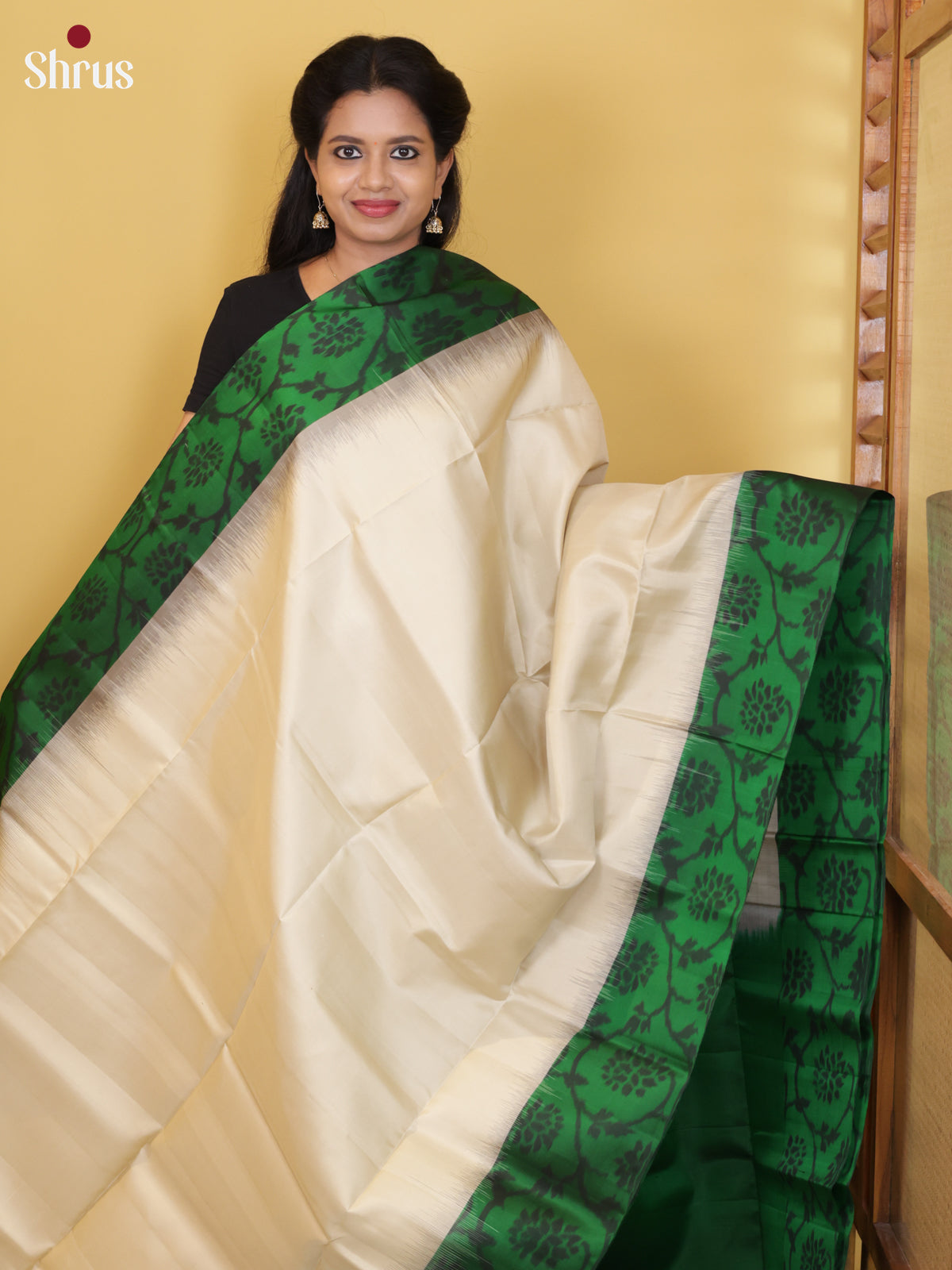 Buy Classic Off White Pure Soft Silk Saree with Green Floral Ikkat Border & Brocade Pallu