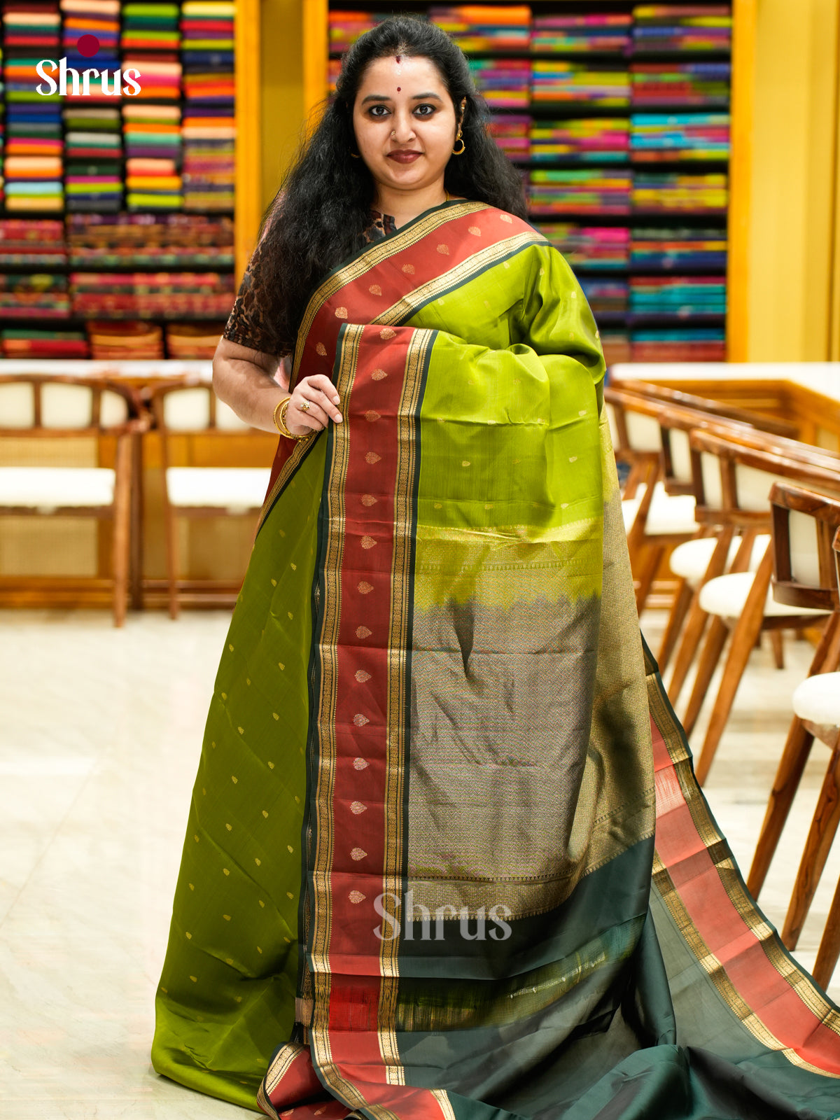 Vivid Olive Green Halfpure Kanchipuram Saree With Leaf Buttas & Maroon Rettaipet Zari Border