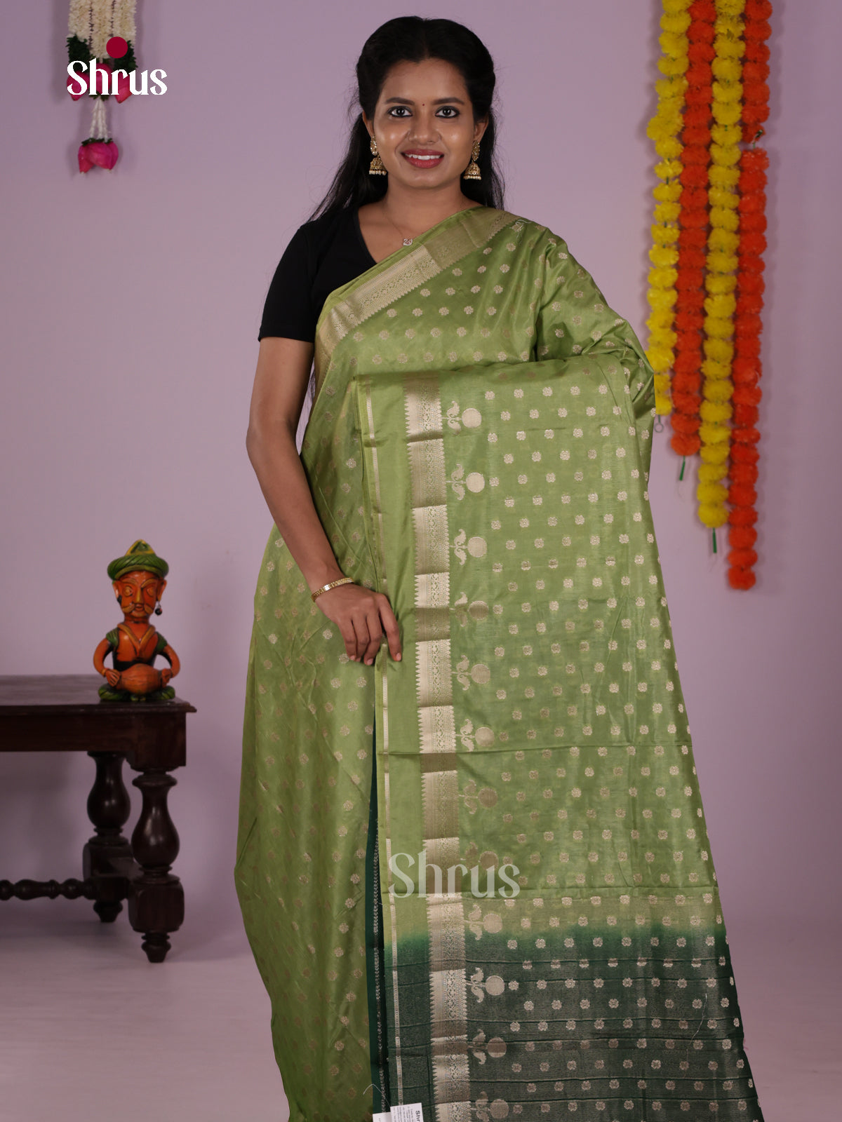 Buy Serene Olive Green North Silk Cotton Saree With Golden Buttas, Self Border & Pallu