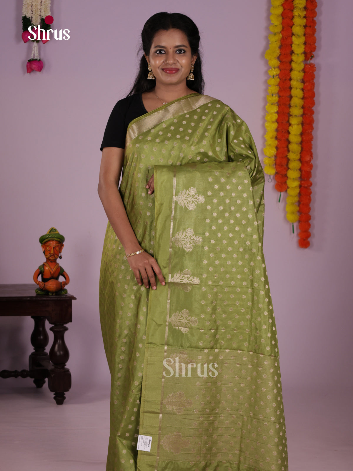 Buy Striking Olive Green North Silk Cotton Saree With Golden Buttas, Self Border & Pallu
