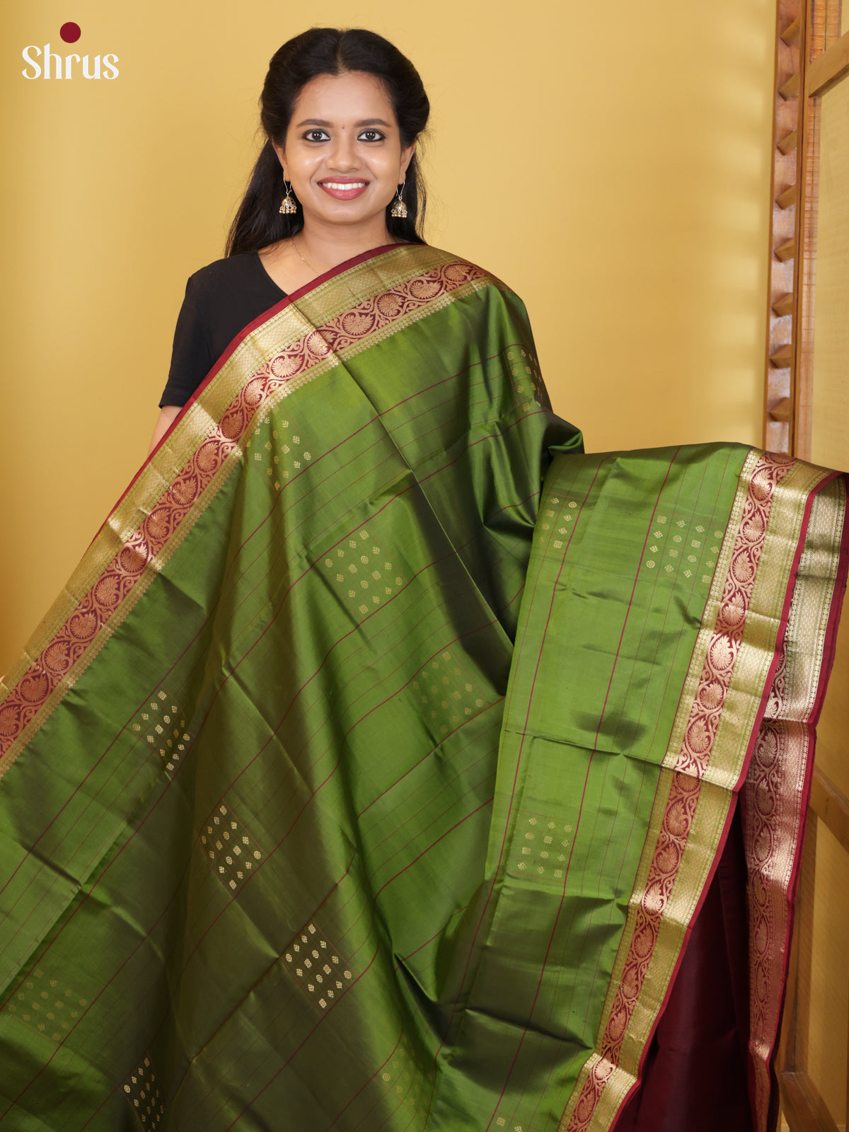 Buy Soulful Olive Green Pure Soft Silk Saree With Dotted Zari Buttas, Maroon Border & Brocade Pallu