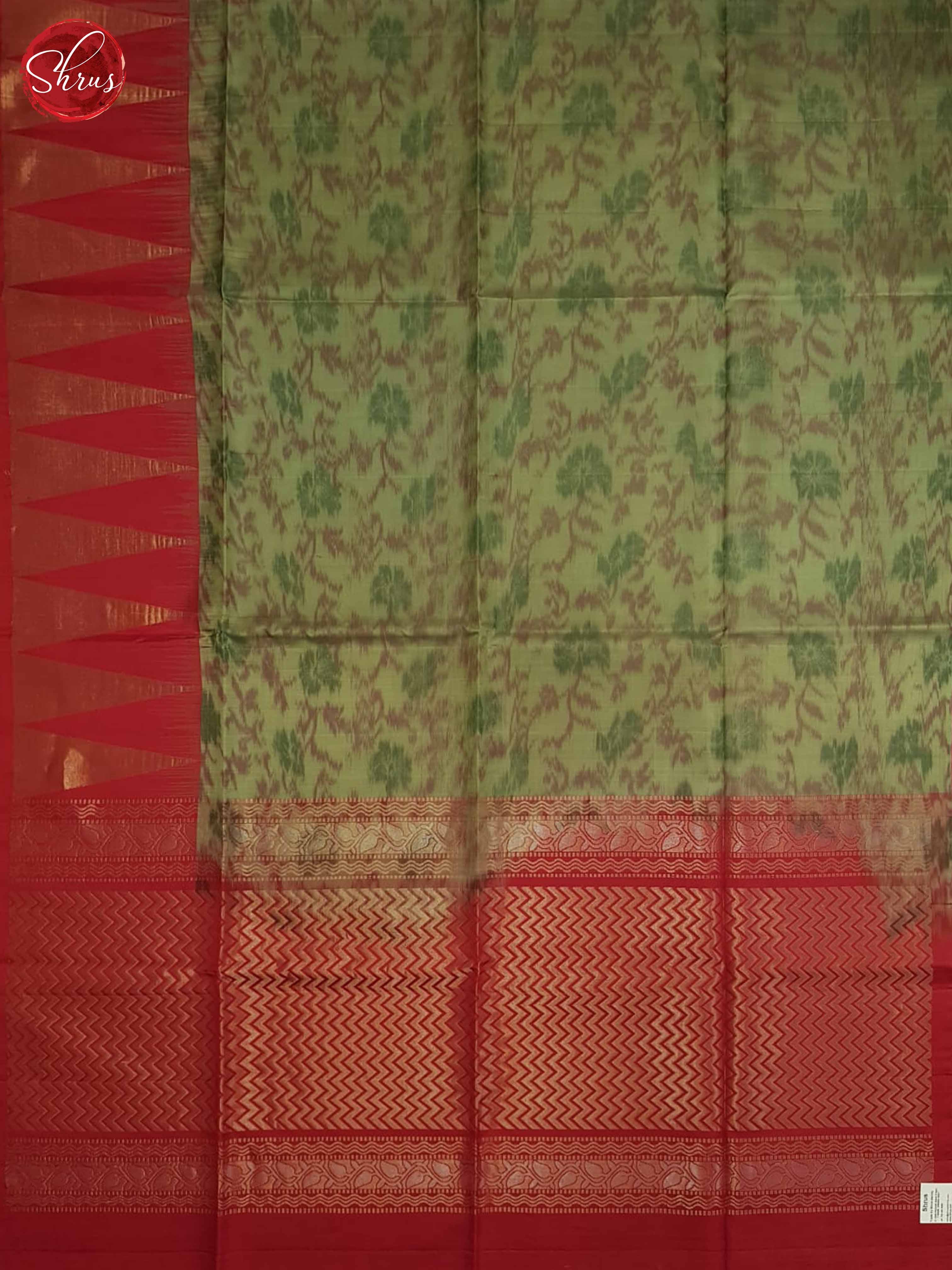 Artistic Olive Green Pure Soft Silk Saree With Ikat Pattern, Red Temple Border & Brocade Pallu