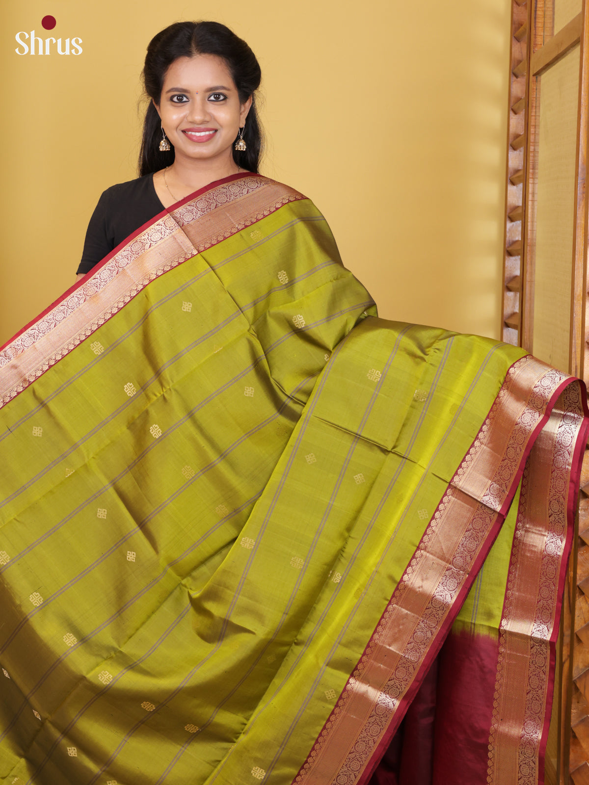 Buy Lustrous Olive Green Pure Soft Silk Saree With Lines, Zari Buttas & Maroon Border & Pallu