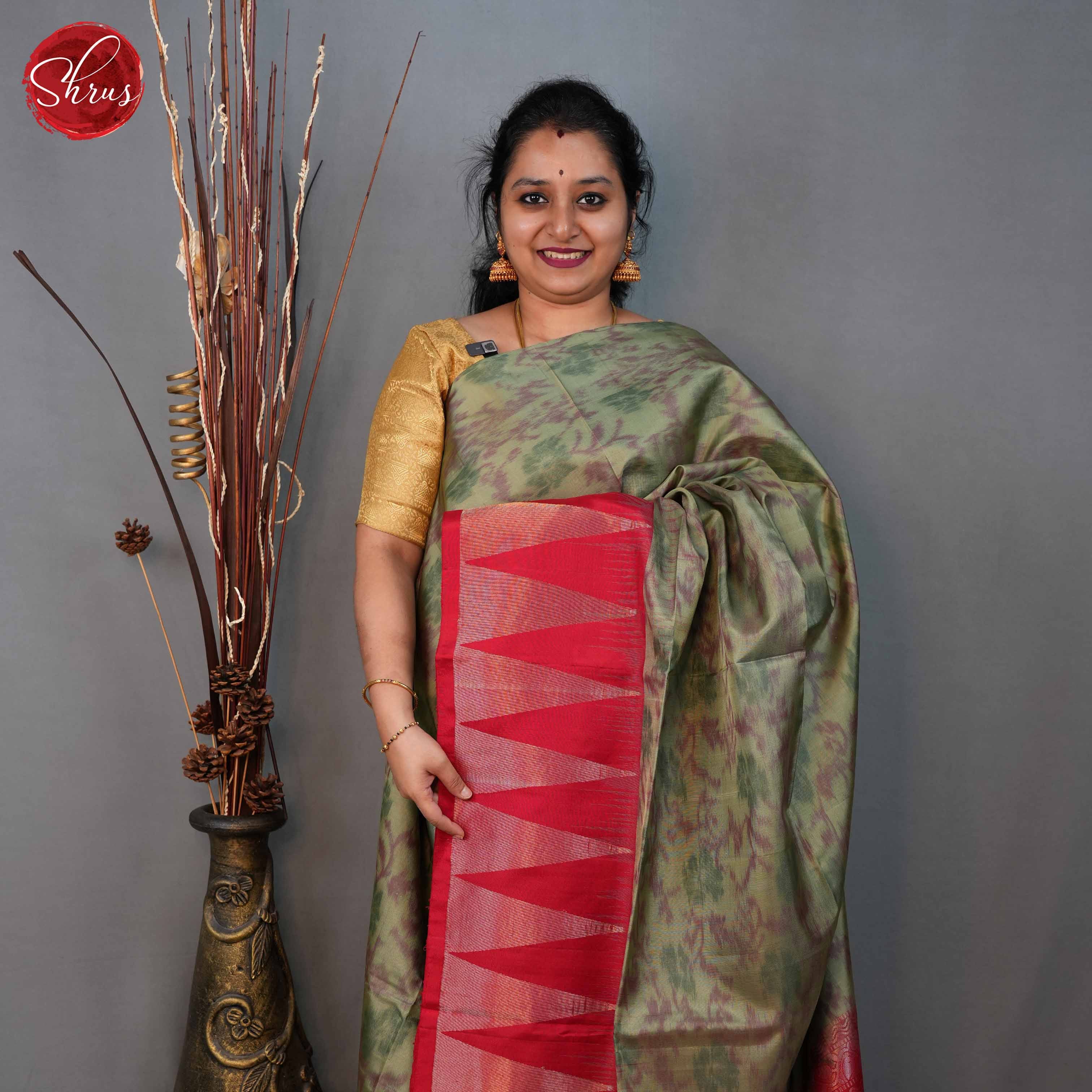 Artistic Olive Green Silk Saree With Ikat Pattern, Red Temple Border & Brocade Pallu