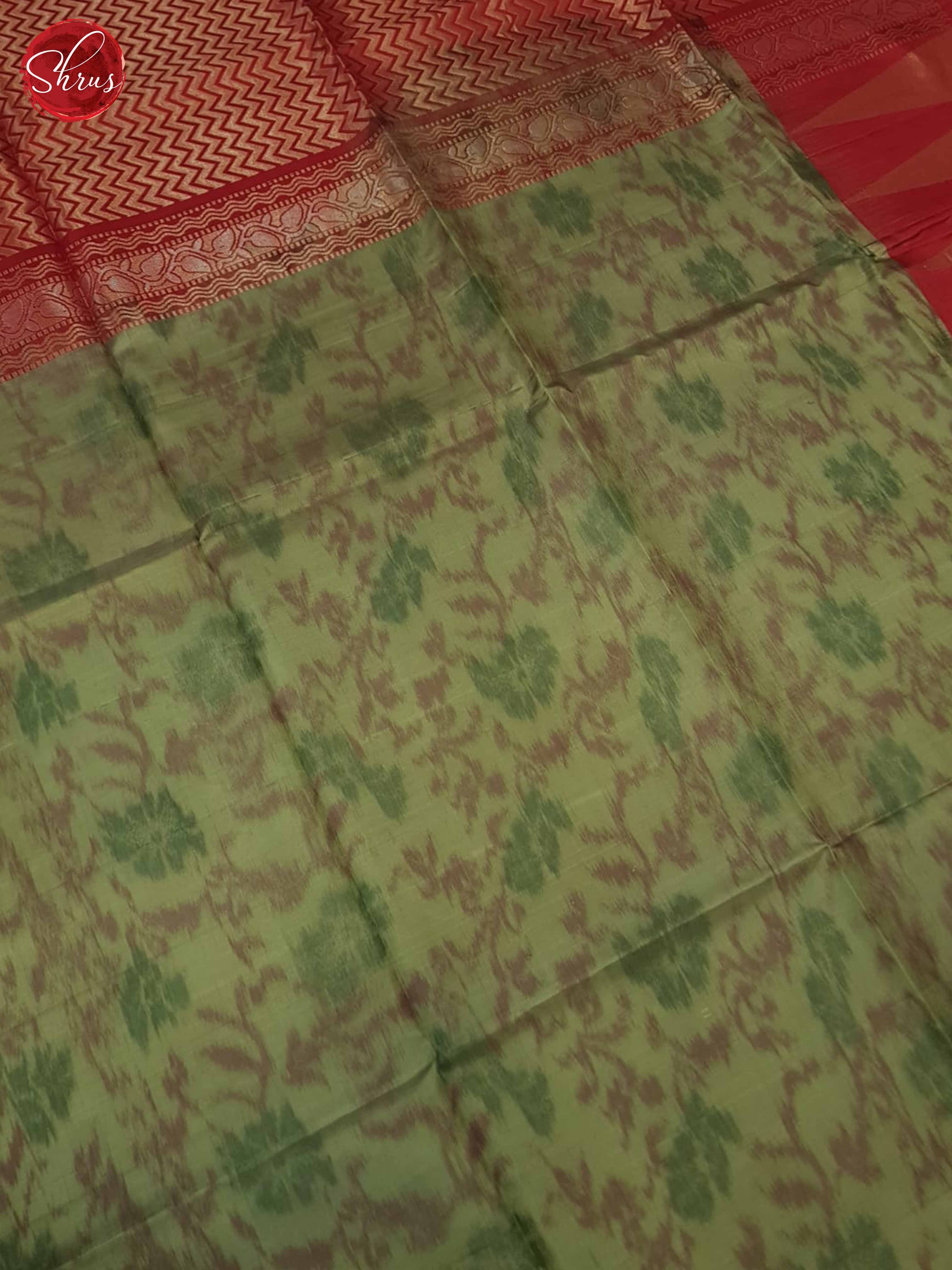 Artistic Olive Green Silk Sarees With Ikat Pattern, Red Temple Border & Brocade Pallu