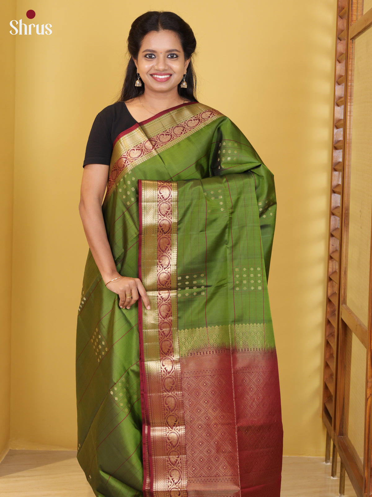 Buy Soulful Olive Green Soft Silk Saree With Dotted Zari Buttas, Maroon Border & Brocade Pallu