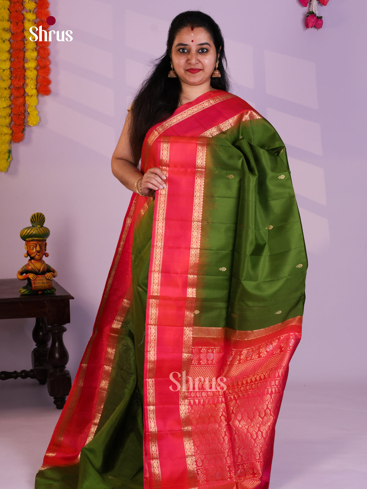 Buy Pretty Olive Green Soft Silk Saree with Gold Zari Buttas & Orangish Pink Rettaipet Border