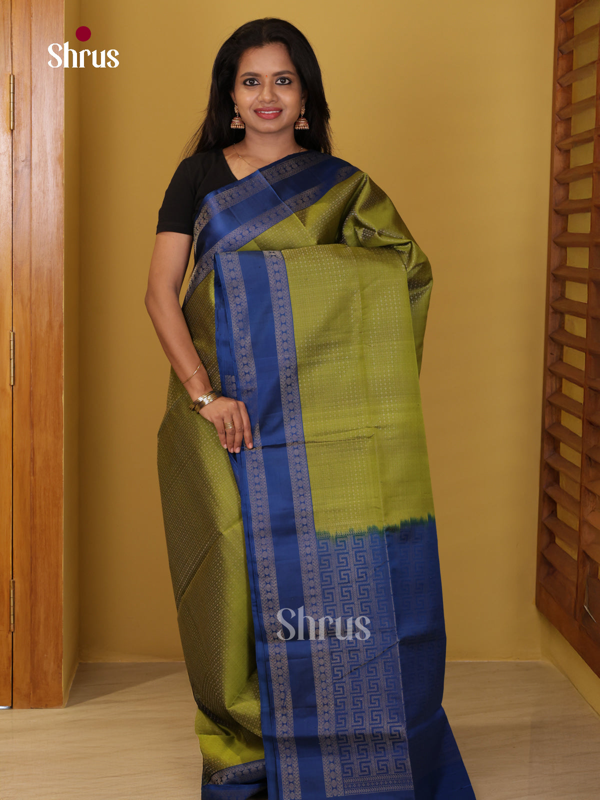 Buy Pretty Olive Green Soft Silk Saree with Zari Checks, Buttas & Blue Rettaipet Border