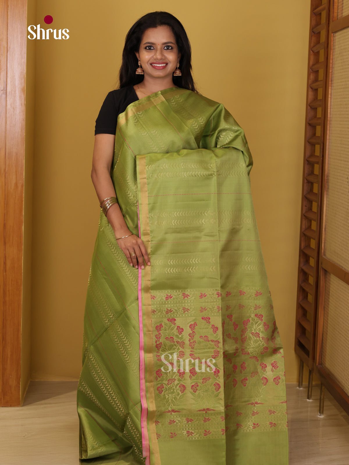 Buy Serene Olive Green Soft Silk Saree with Zari Woven Chevron Stripes & Flower Woven Pallu