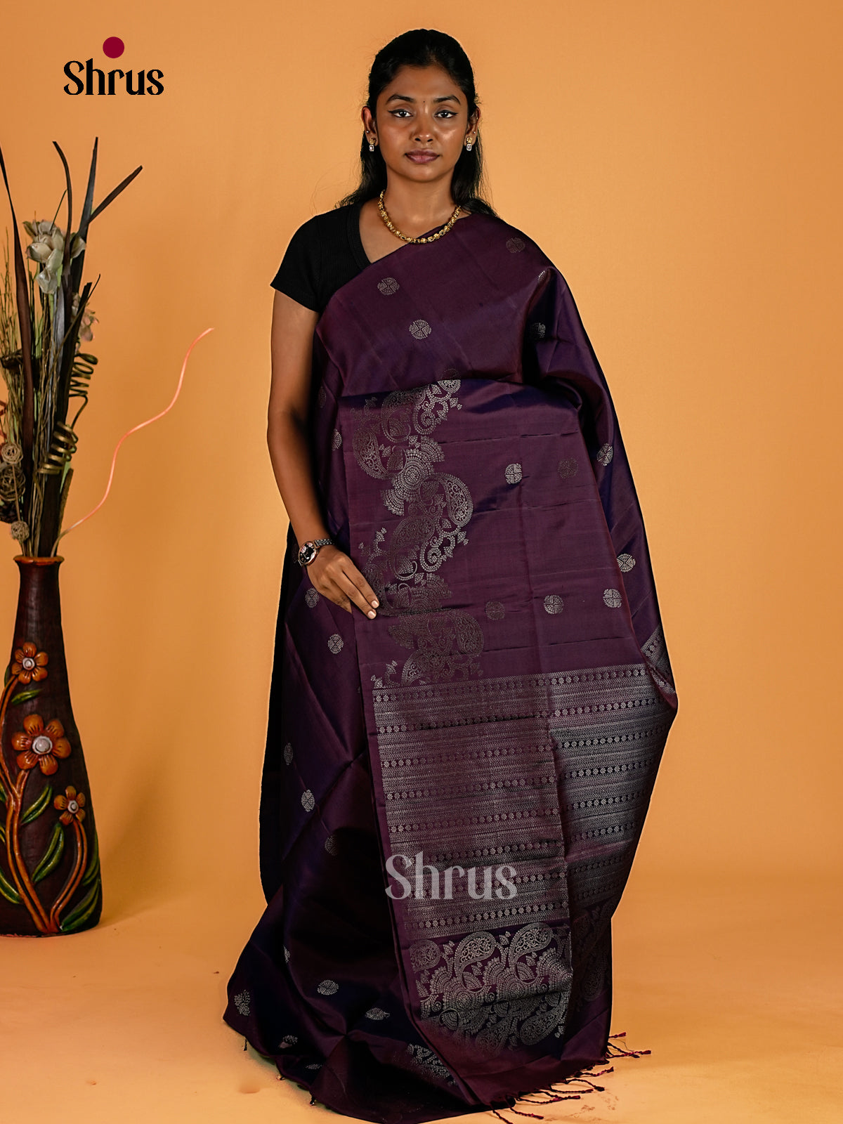 Opulent Deep Plum Soft Silk Sarees with Silver Zari Motifs, Paisley Inspired Floral Border & Pallu