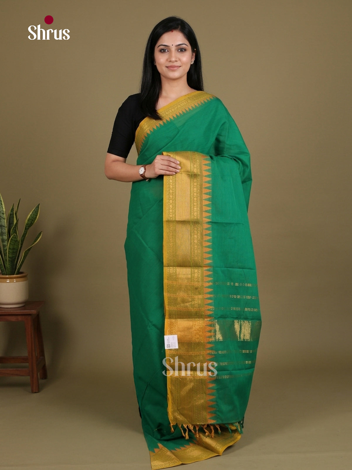 Opulent Green Chettinad Cotton Saree With Plain Body, Mustard Temple Zari Border & Pallu