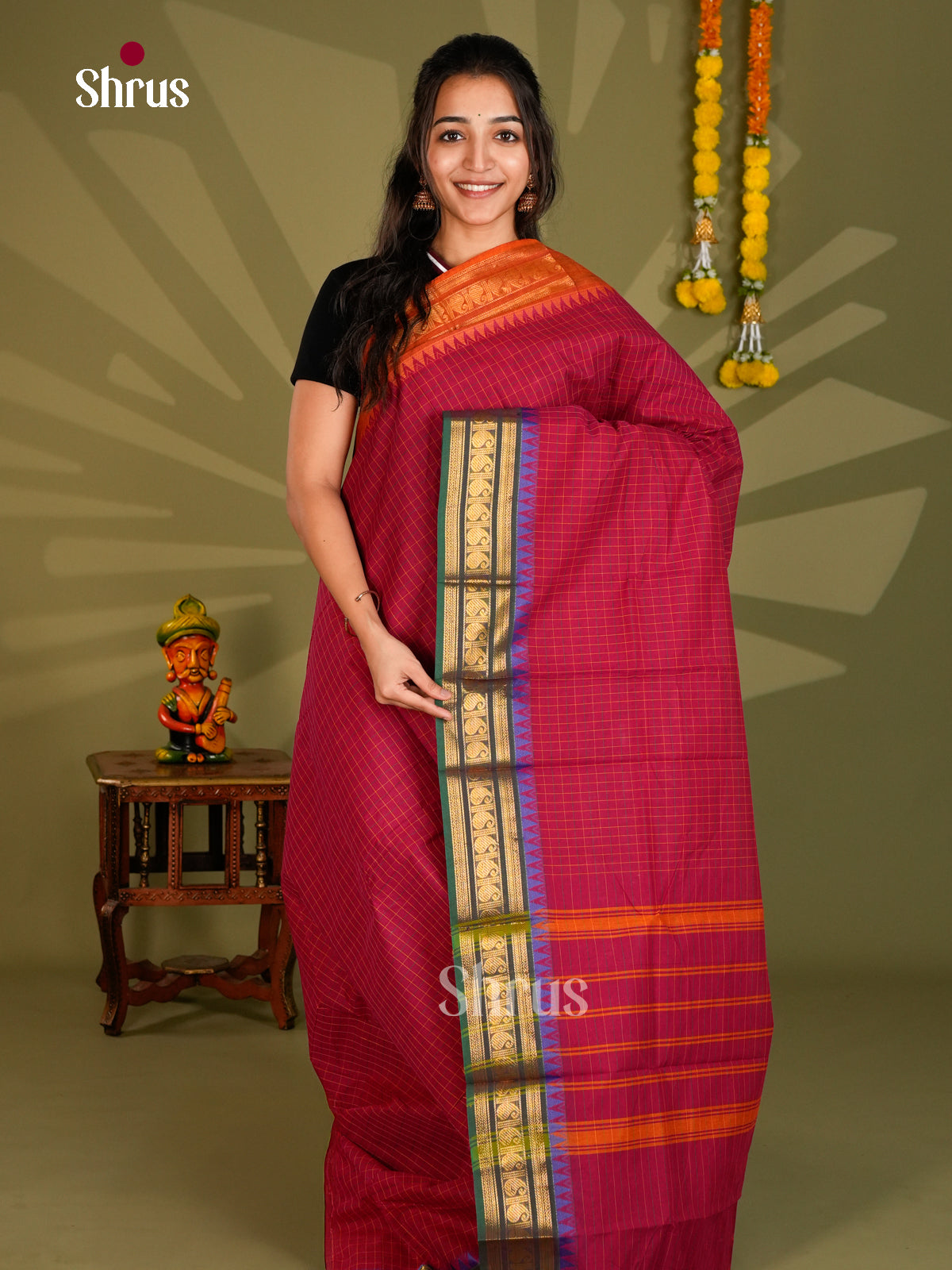 Opulent Maroon Chettinad Cotton Saree With Checks & Ganga Jamuna Zari Border